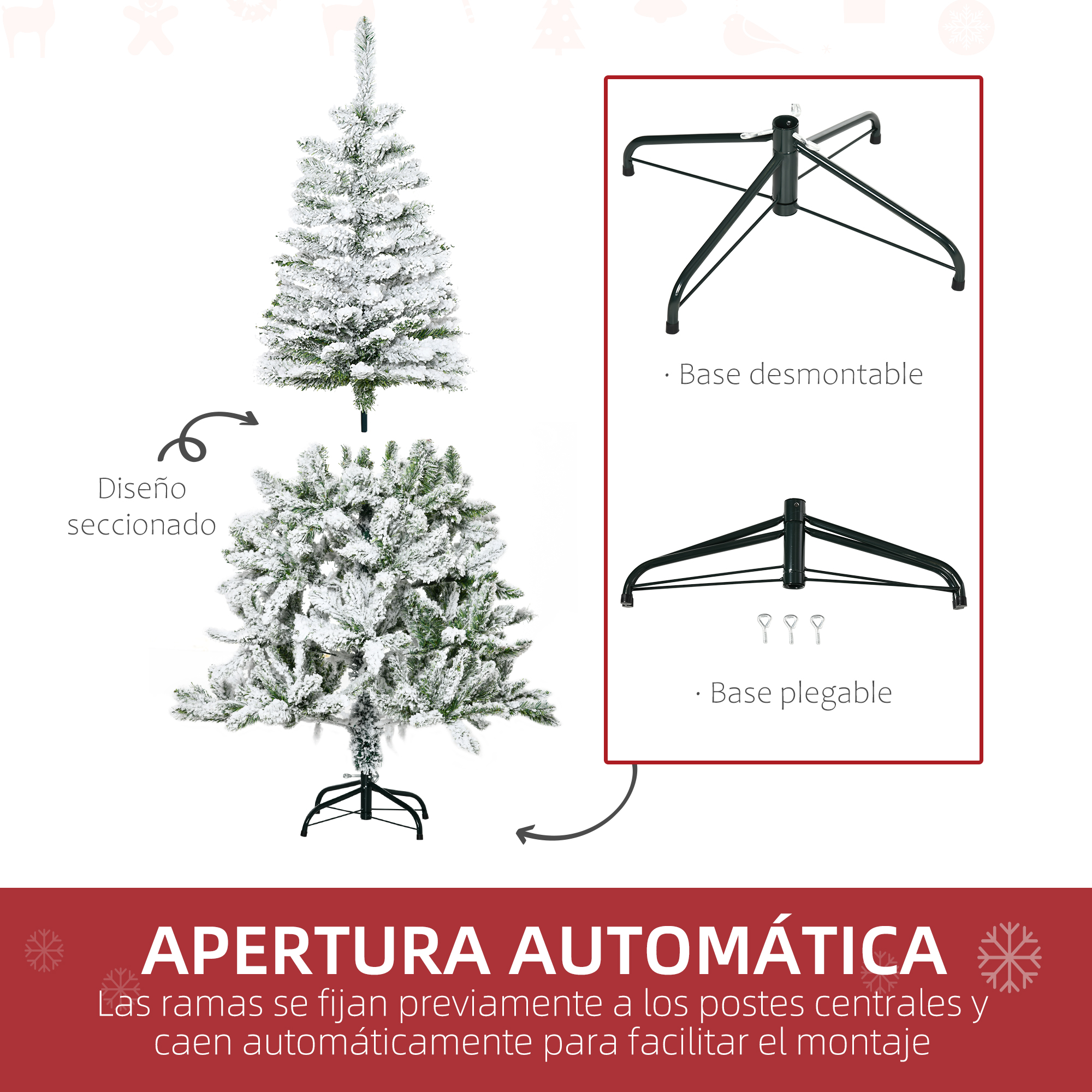 Diagrama de montaje de árbol de Navidad con apertura automática. Texto en español.