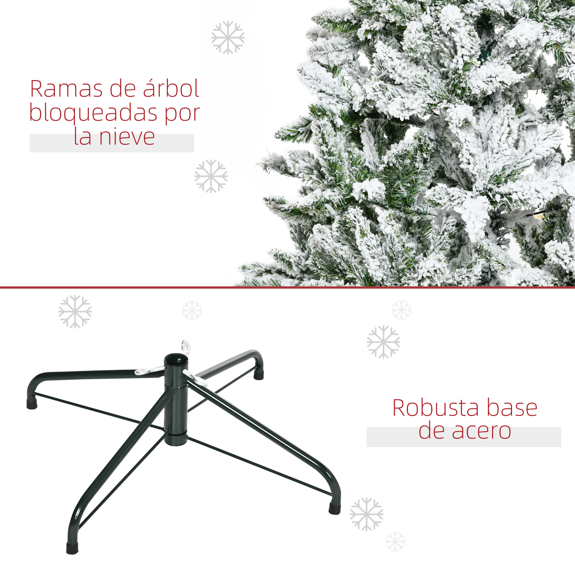 Base de árbol de Navidad con texto. Fondo blanco. Nieve cayendo del árbol.