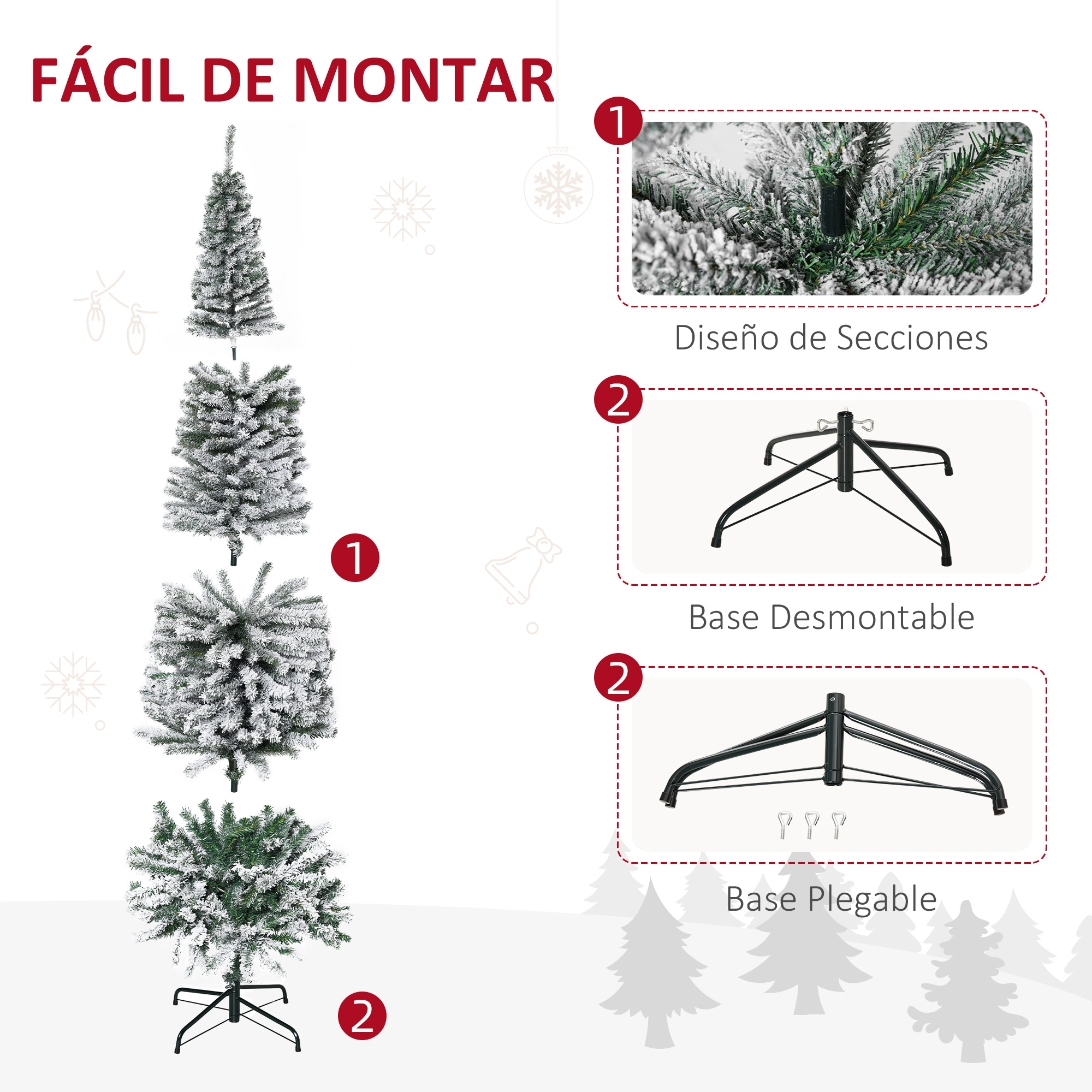 La imagen muestra un árbol de Navidad artificial con nieve. Incluye detalles de montaje: secciones, base desmontable y base plegable.