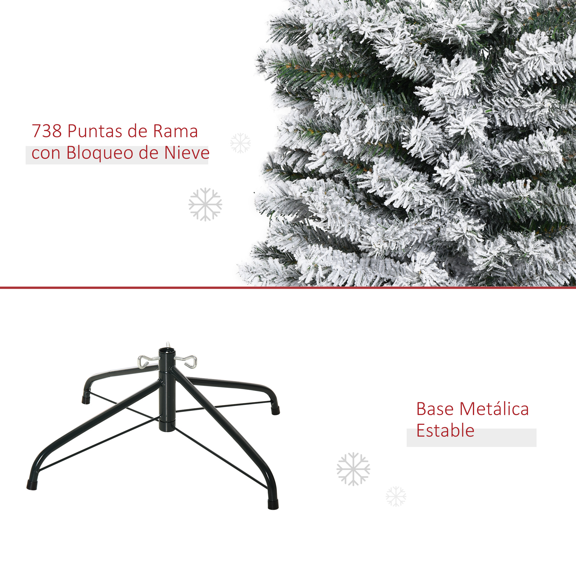 Primer plano de un árbol de Navidad nevado, con texto sobre puntas de ramas y base metálica estable.