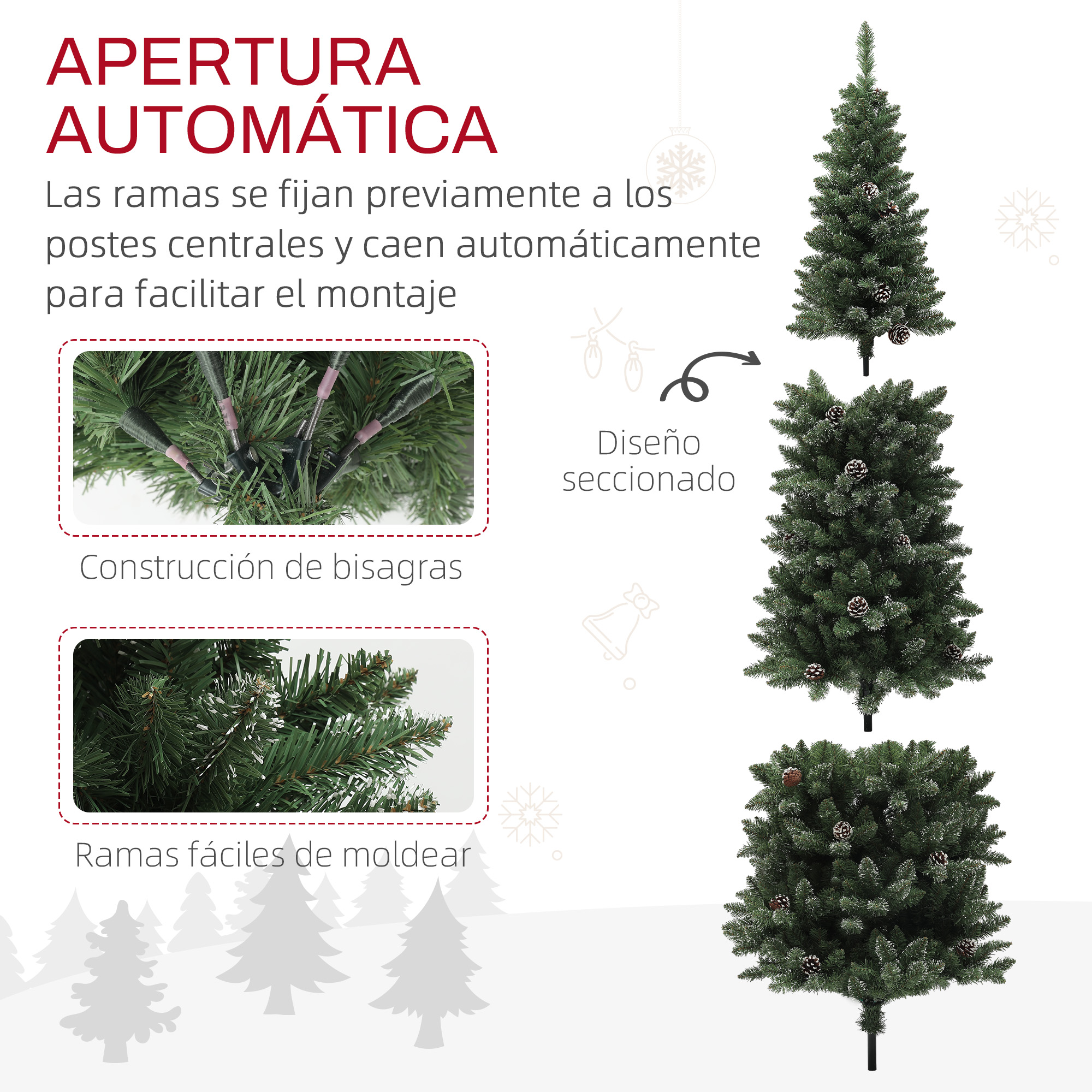 Árbol de Navidad con apertura automática. Mostrando la construcción articulada.