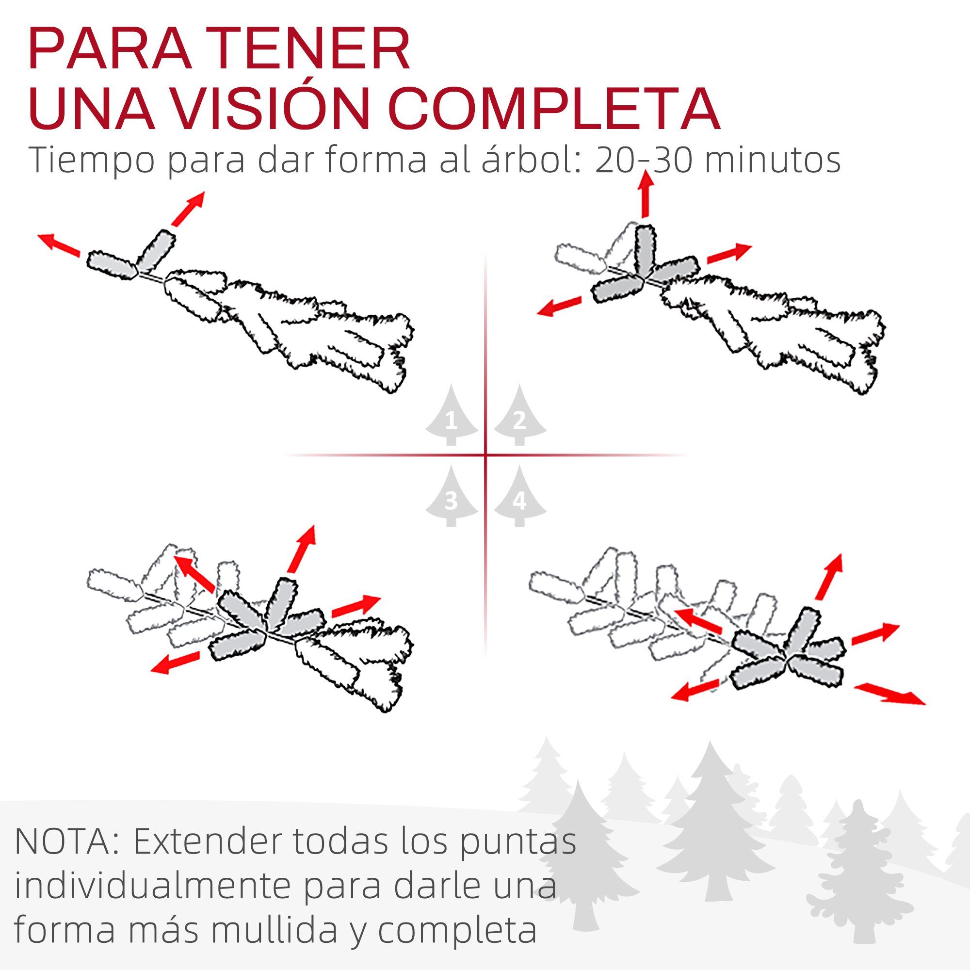 Diagrama con instrucciones sobre cómo dar forma a un árbol de Navidad artificial.