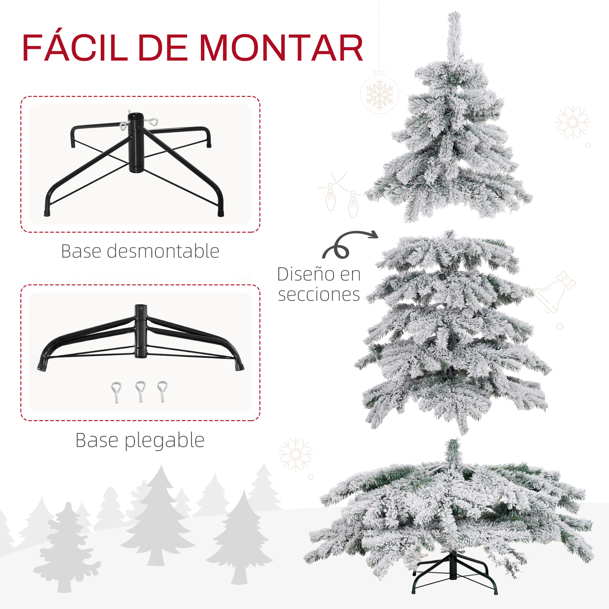 Instrucciones de montaje del árbol de Navidad. Mostrando la base y las secciones del árbol. Fondo blanco.