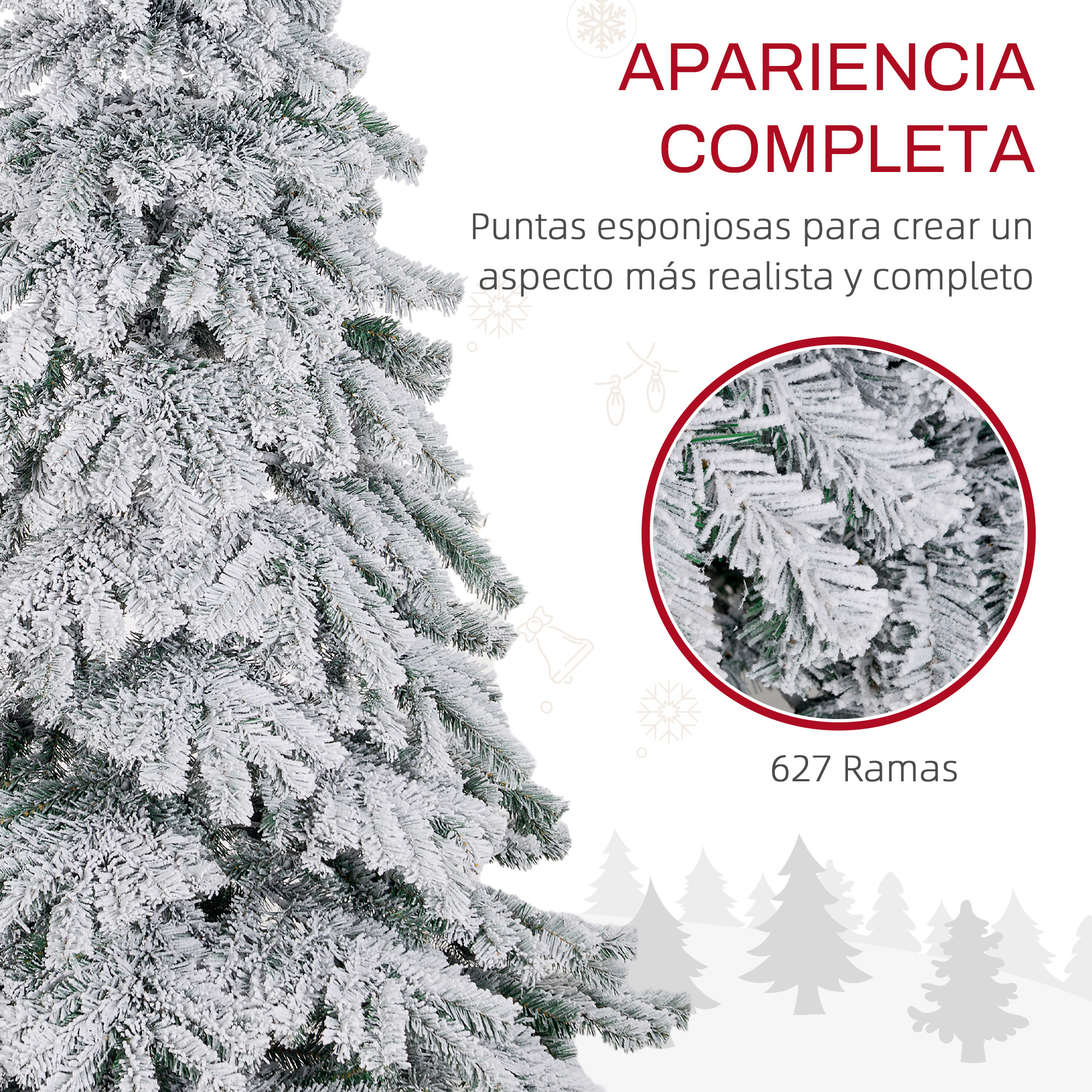 Primer plano de árbol de Navidad cubierto de nieve. Texto: Apariencia completa, 627 ramas.