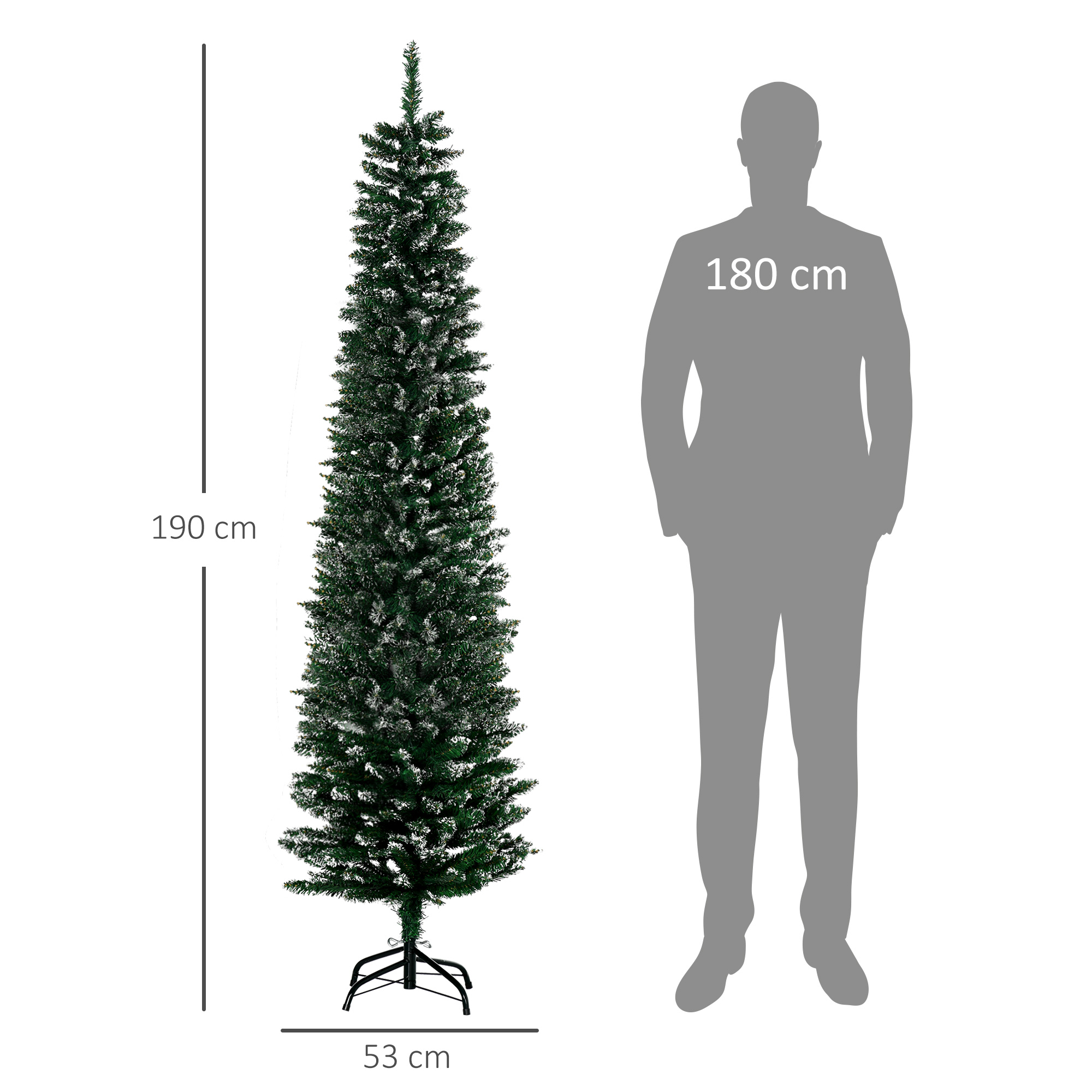 Árbol de Navidad artificial verde alto y delgado junto a una silueta de persona, con medidas de longitud.