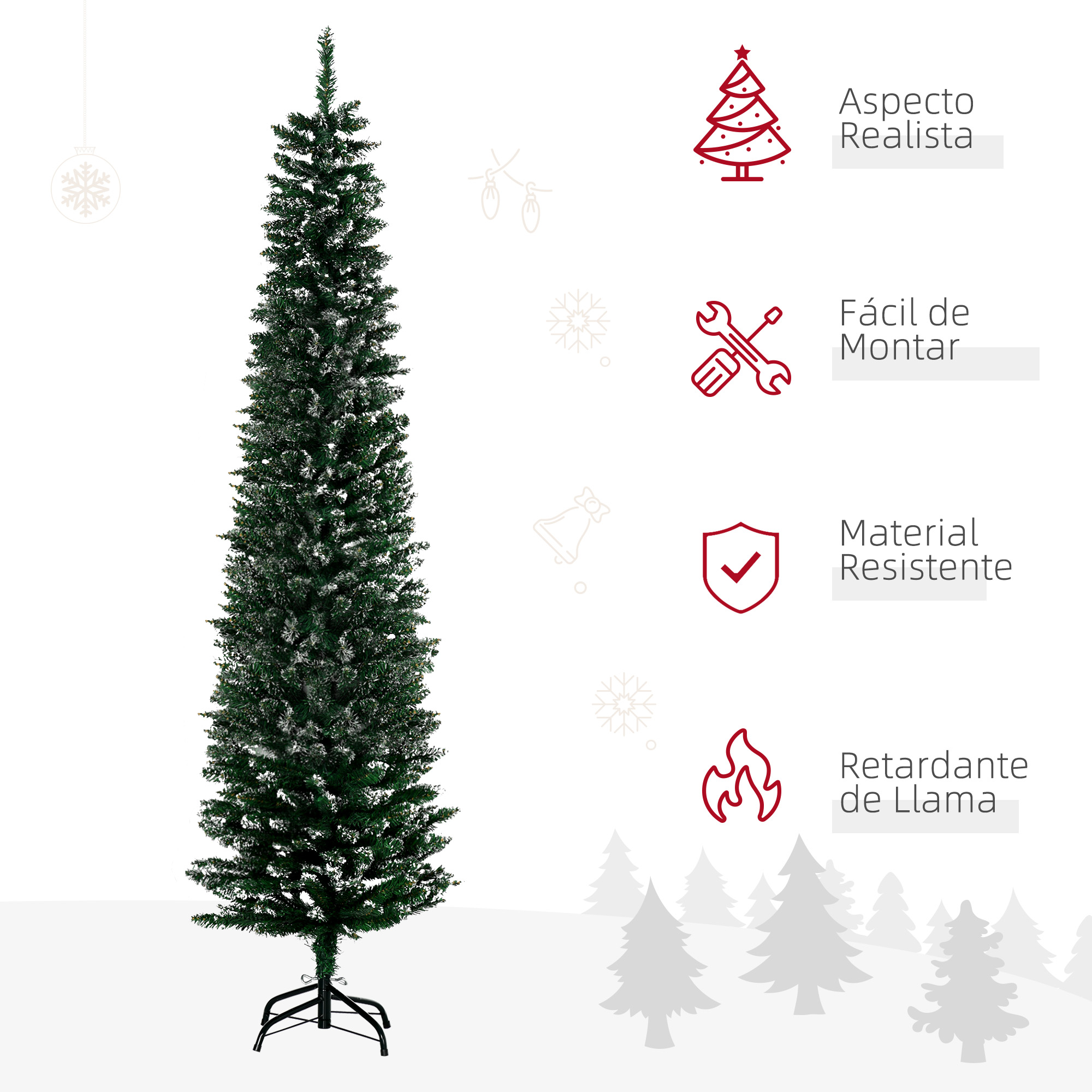 Un árbol de Navidad alto y delgado con ilustraciones que resaltan las características y beneficios.