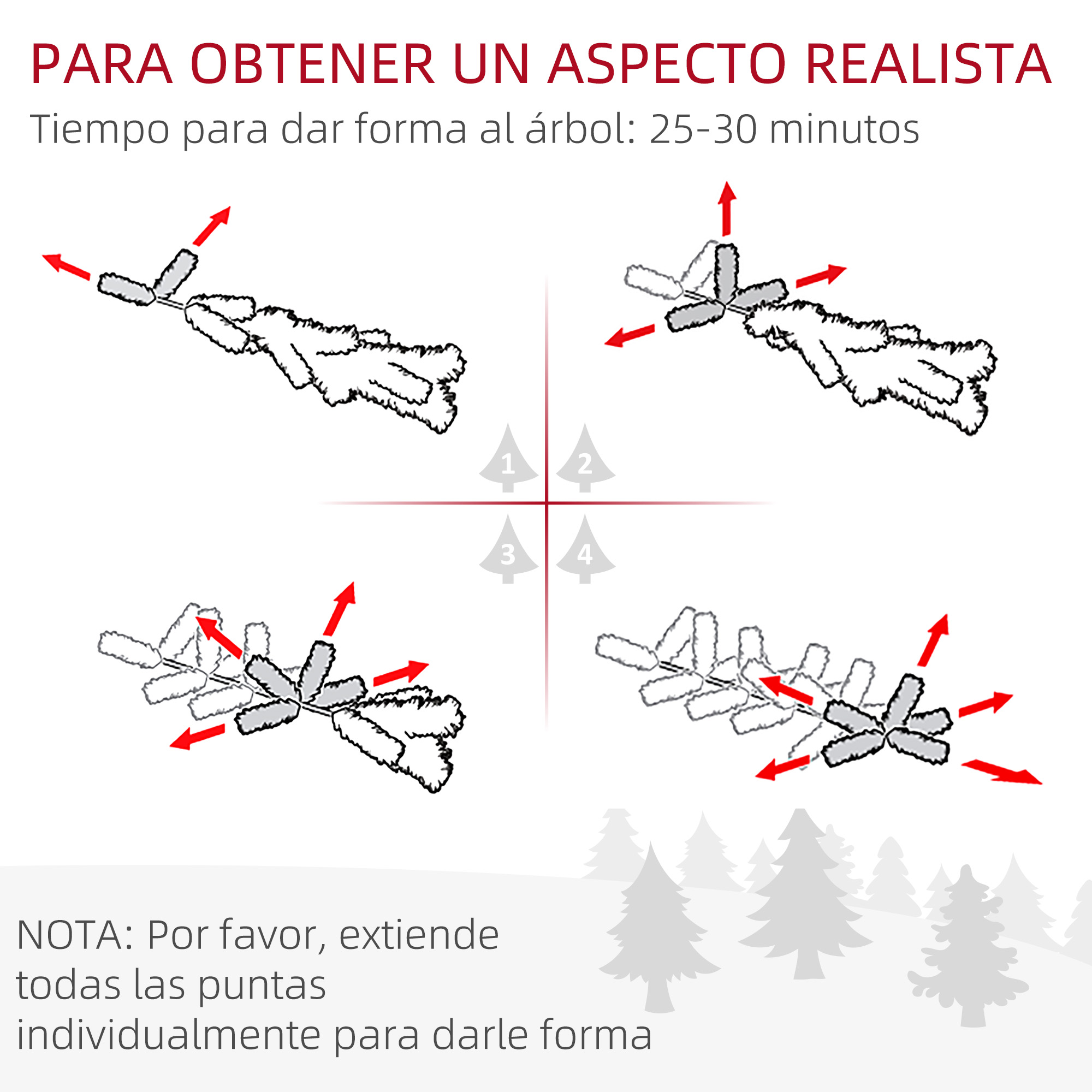 Diagrama que muestra cómo dar forma a las ramas del árbol de Navidad para un aspecto realista.