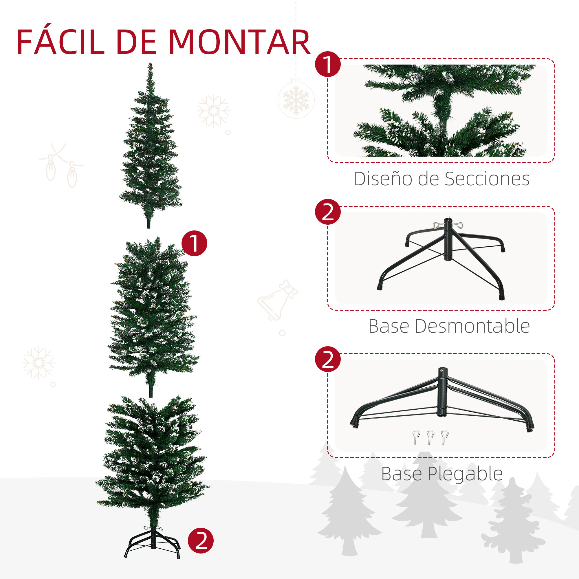 Tres árboles de Navidad artificiales, mostrando detalles de diseño y montaje.