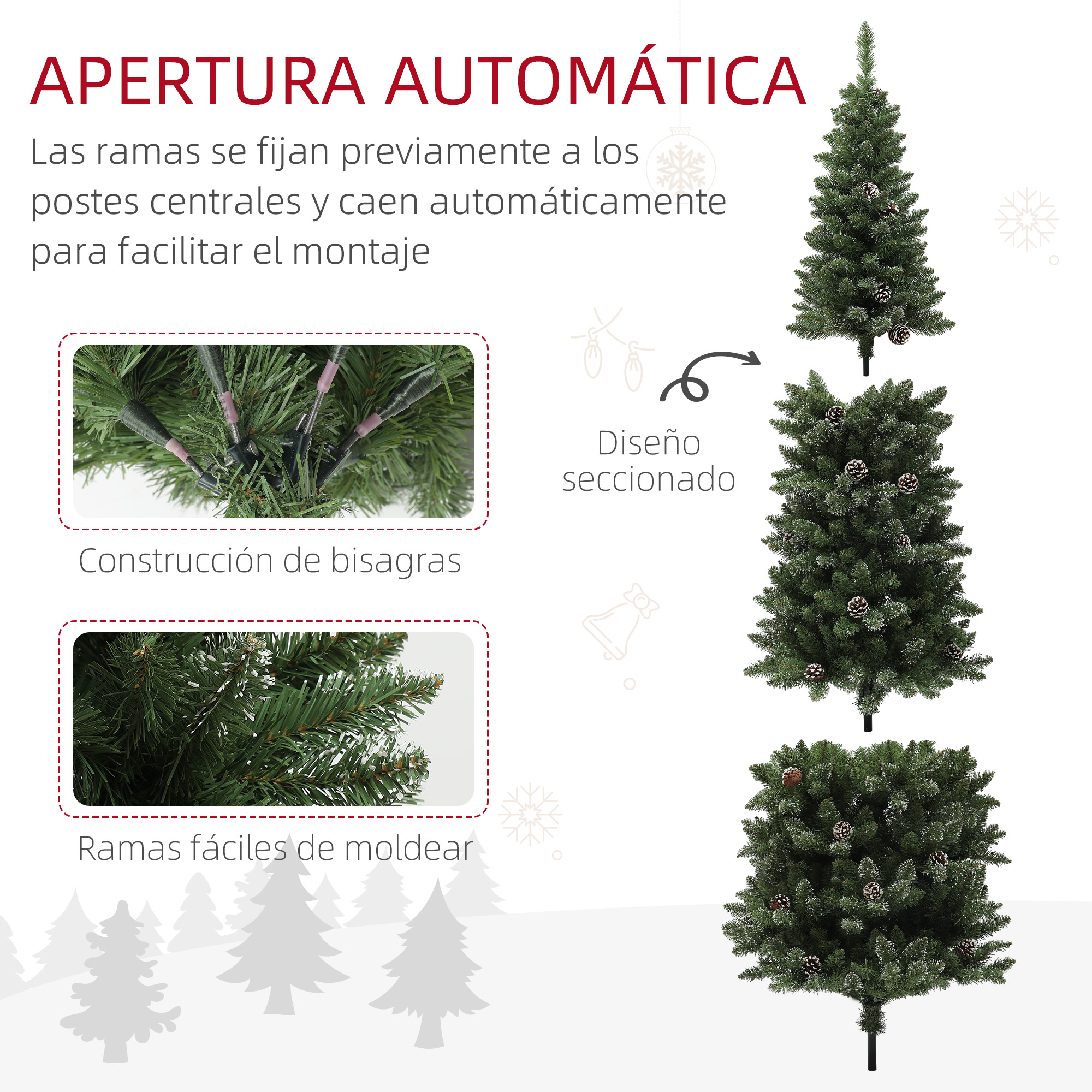 Diagrama de montaje del árbol de Navidad. Muestra la apertura automática y la construcción articulada.