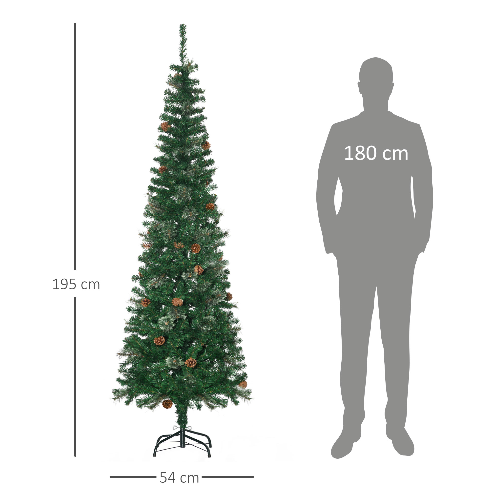 Árbol de Navidad alto y delgado con piñas, con una silueta de persona que muestra 180 cm de altura.