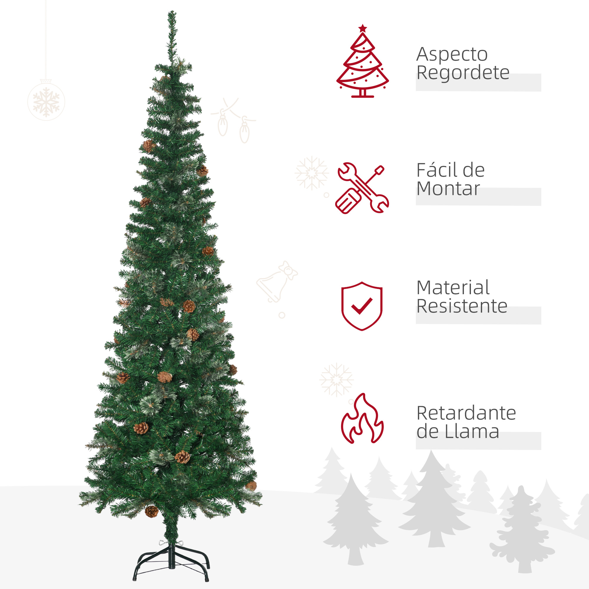 Árbol de Navidad alto y delgado con piñas y elementos decorativos.