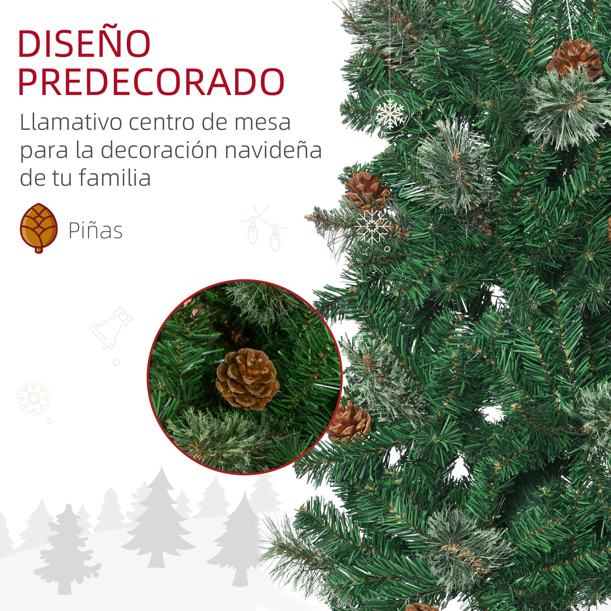 Primer plano de un árbol de Navidad con piñas y adornos.