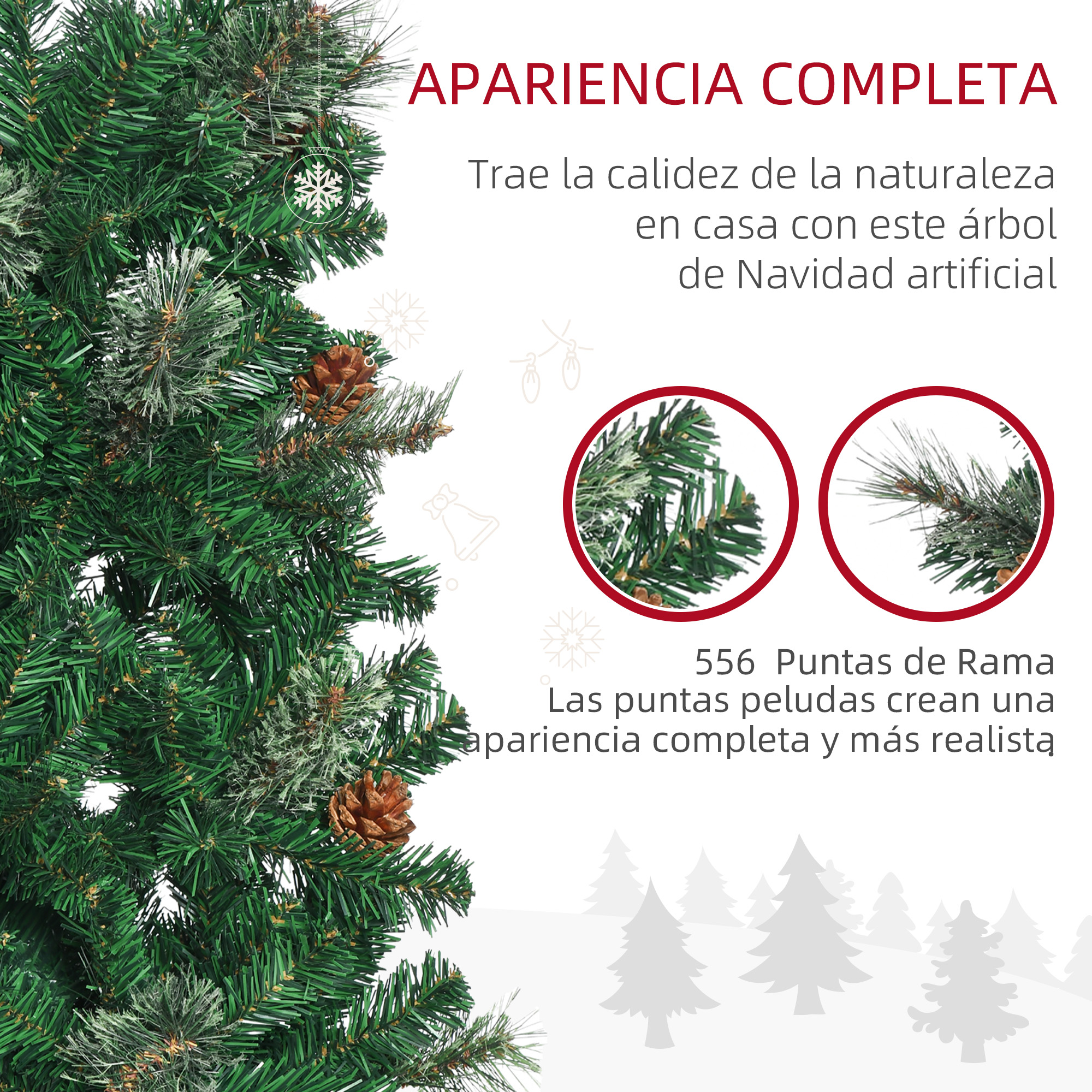 Primer plano de una rama de árbol de Navidad con conos, mostrando apariencia completa. Texto en español.