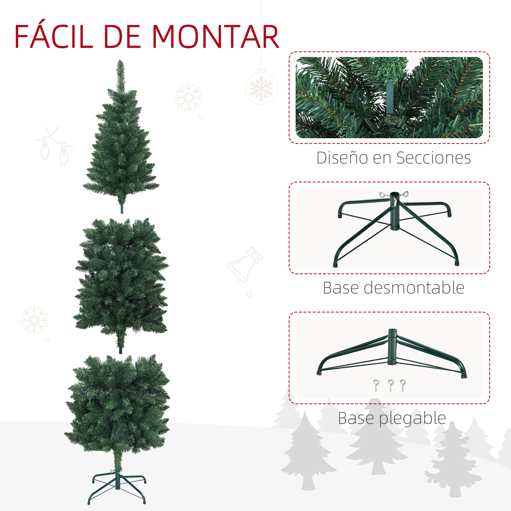 Un árbol de Navidad con sus partes y cómo montarlo. El árbol es verde con efecto de nieve.