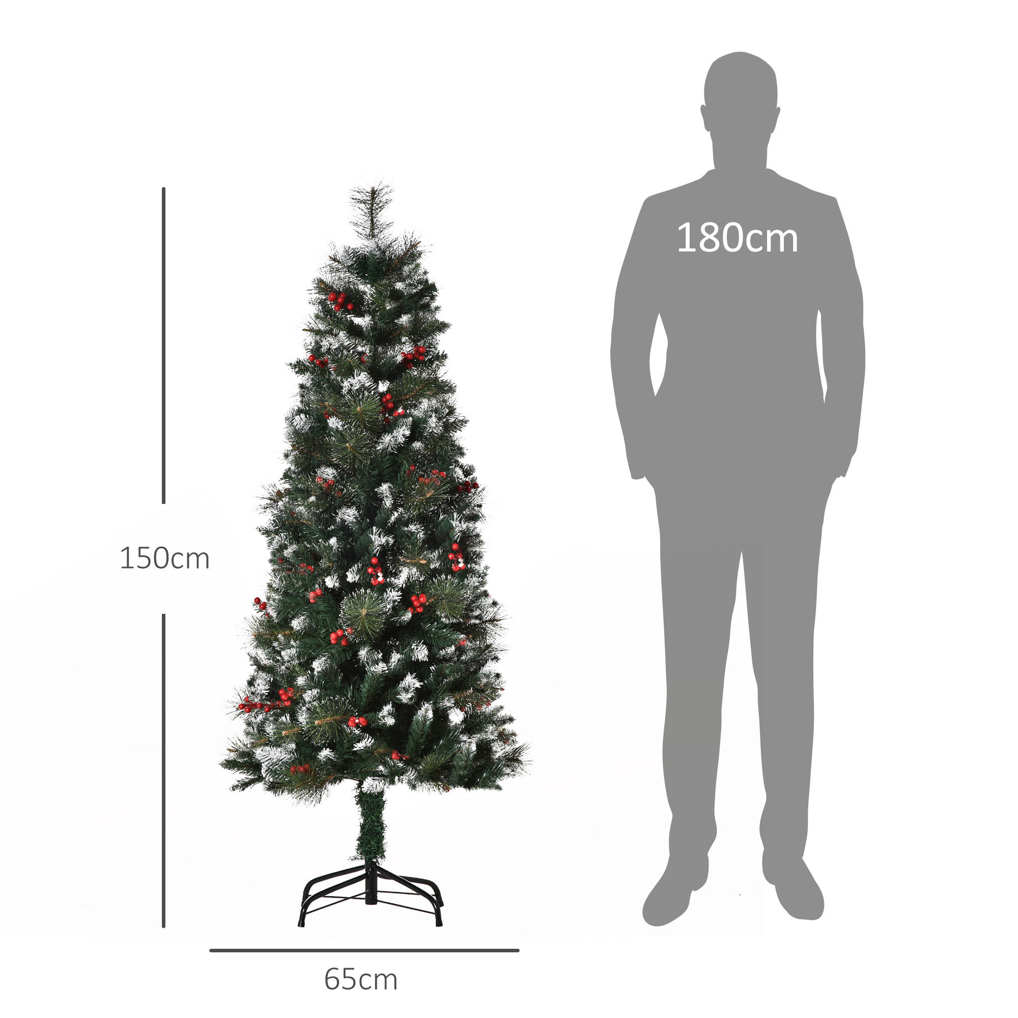 Árbol de Navidad con medidas. Una persona está de pie junto a él.