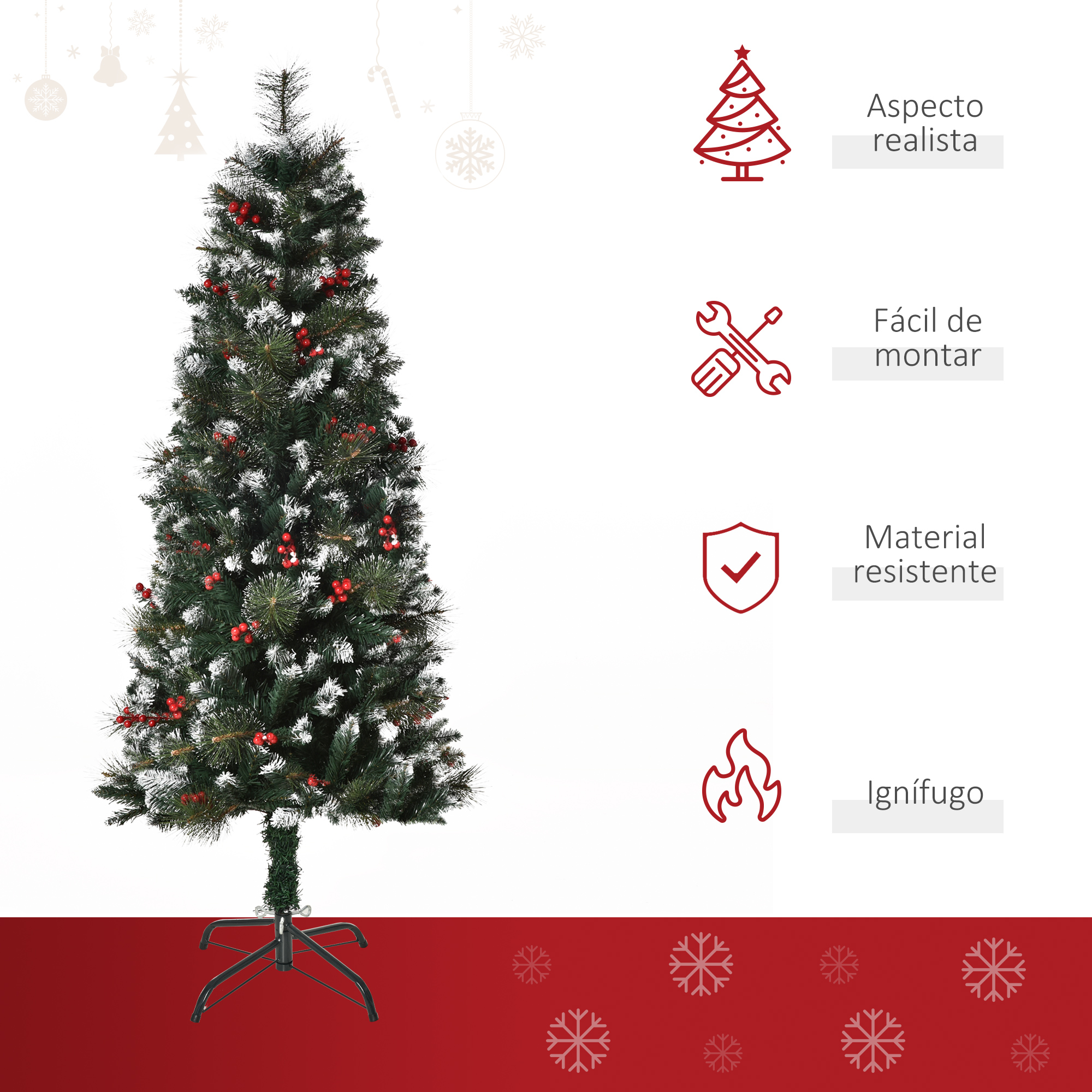 Un árbol de Navidad con bayas rojas y símbolos navideños.