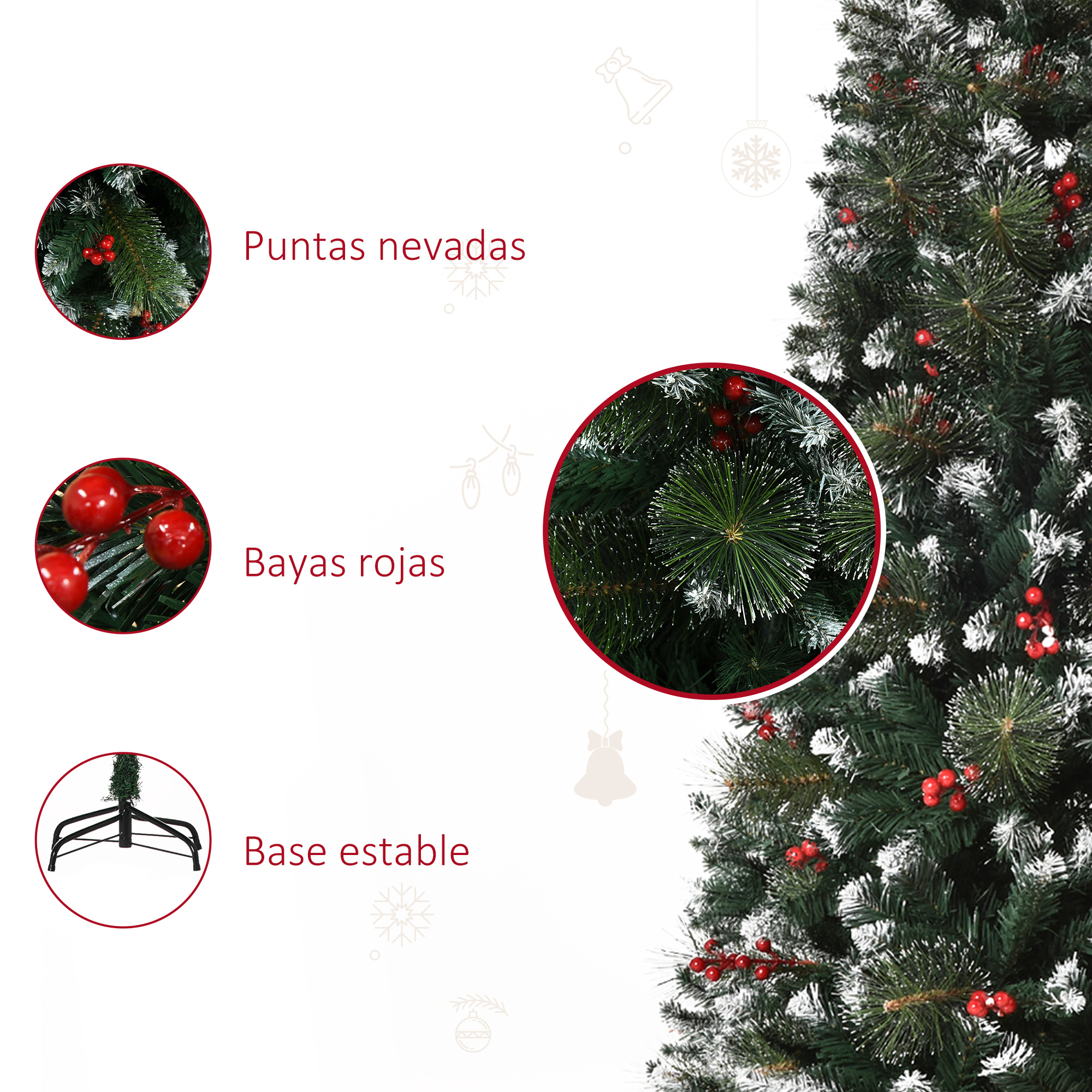Detalles del árbol de Navidad: puntas nevadas, bayas rojas, base estable.