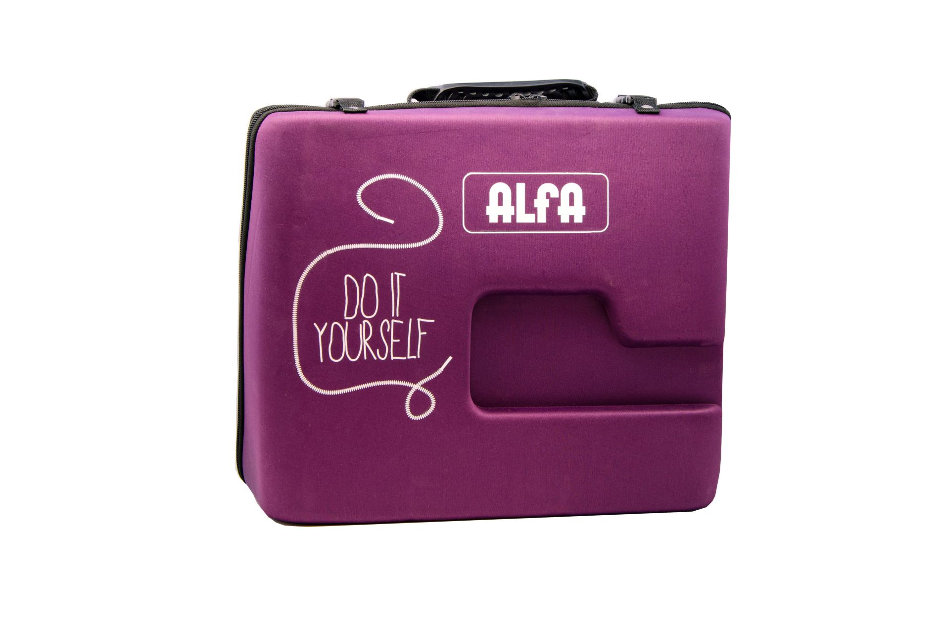Maleta morada para máquina de coser con texto 'ALFA' y 'DO IT YOURSELF'.