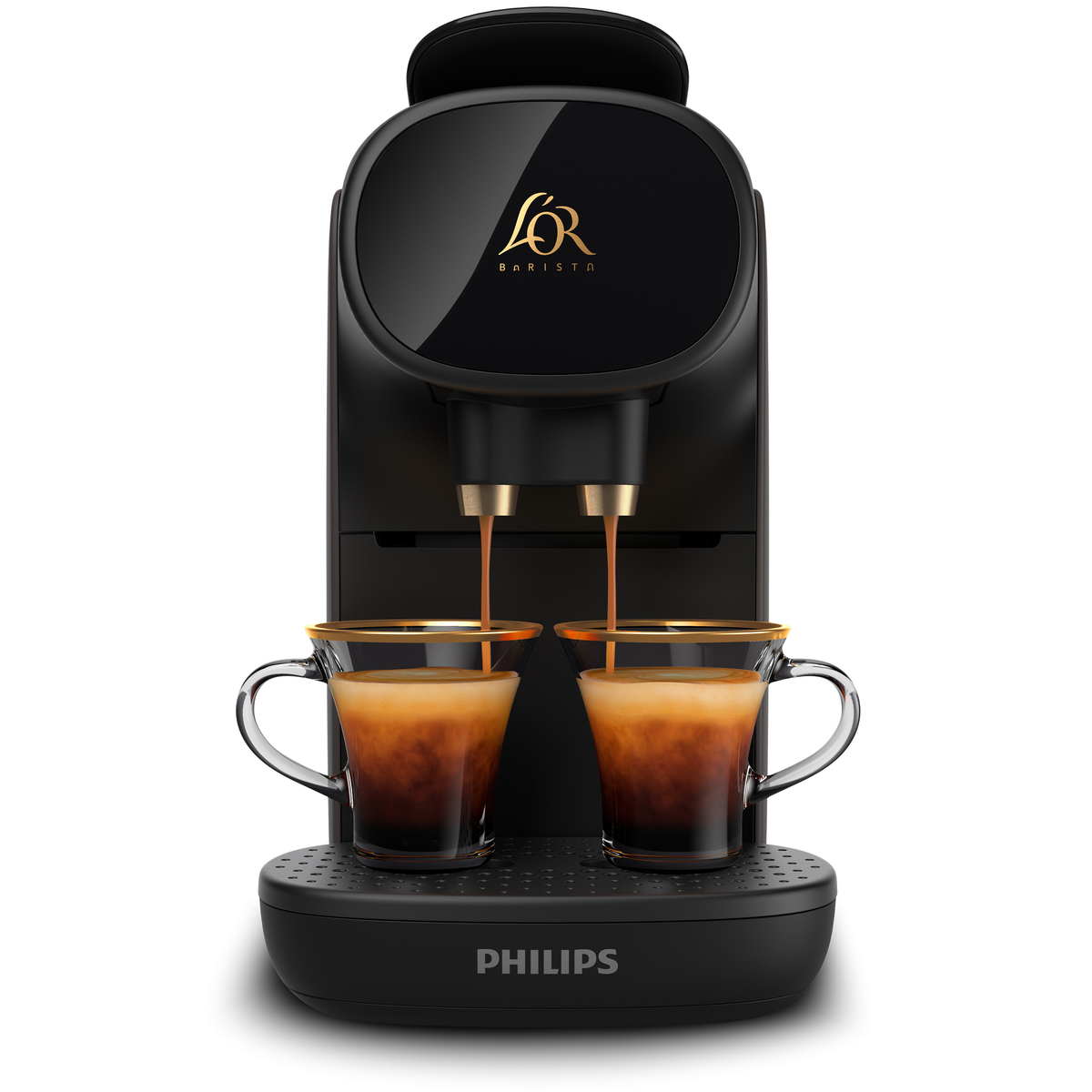 Czarny ekspres do kawy, dwie filiżanki się napełniają, złota krawędź.