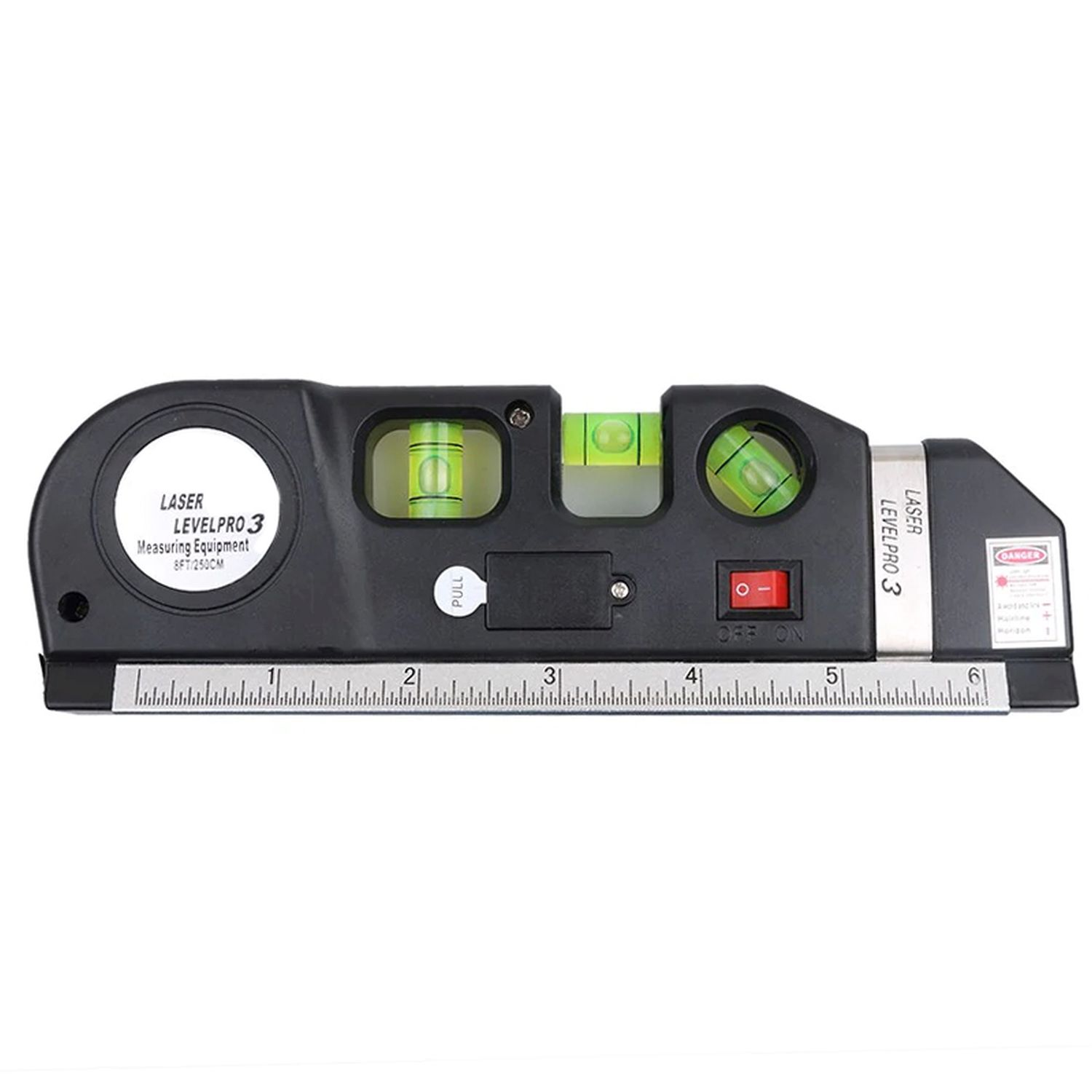 Laser-Nivellierwerkzeug. Schwarz und grau. Enthält ein Lineal, eine Wasserwaage und einen Laserpointer.