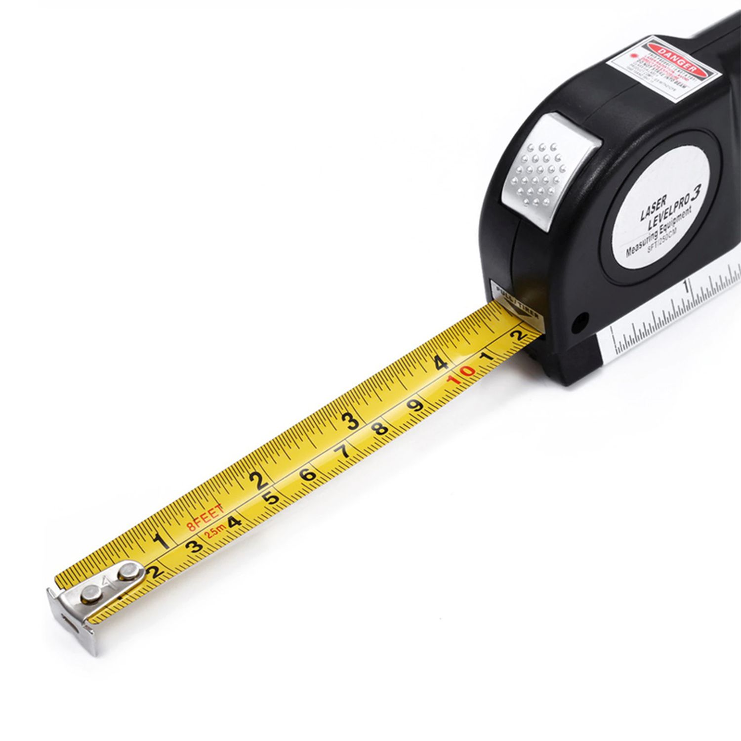 Schwarzes Laser-Messband mit ausgezogenem gelben Maßband. Weißer Hintergrund.