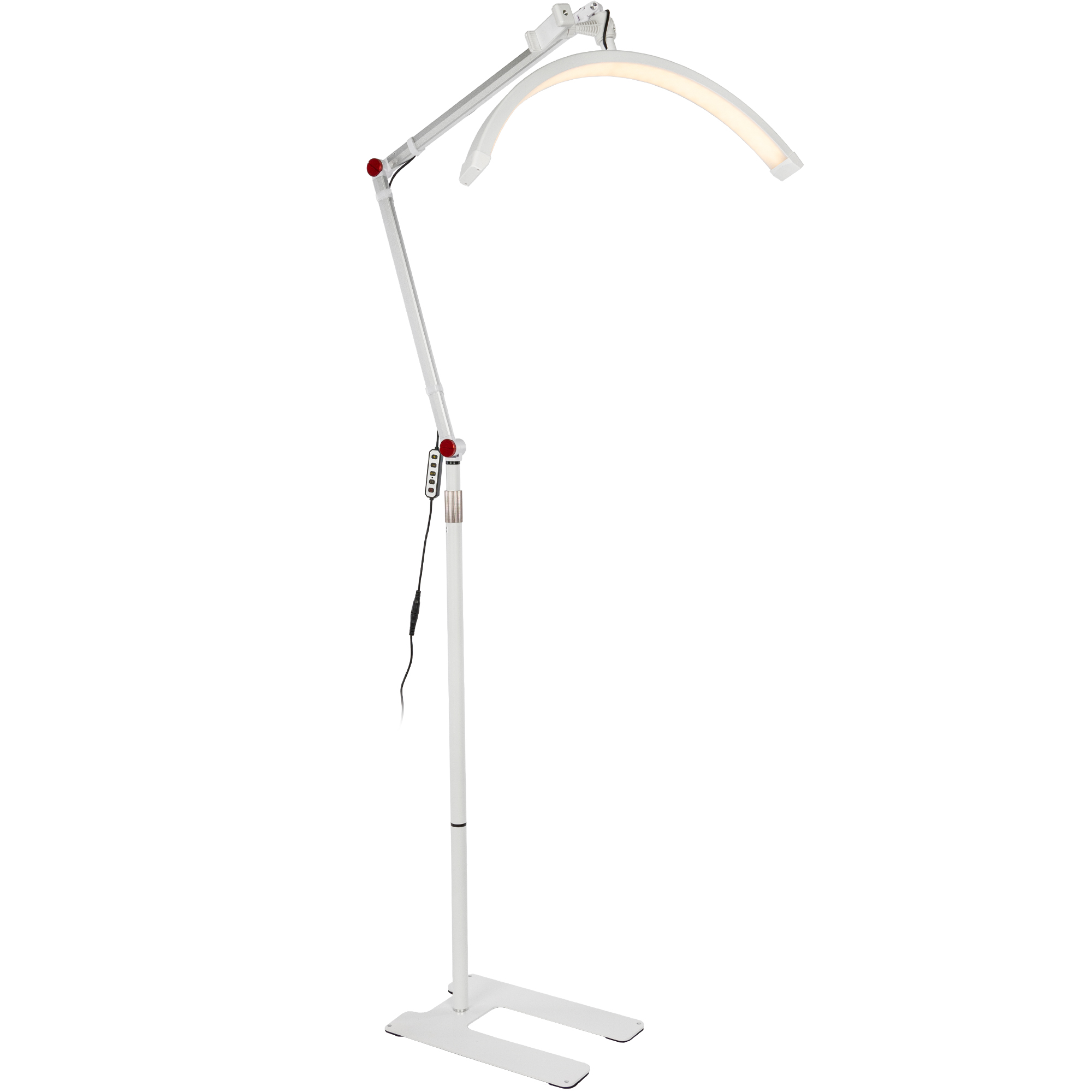 Eine weiße Bogen-Stehlampe. Sie hat einen weißen Sockel und ein gebogenes Licht.