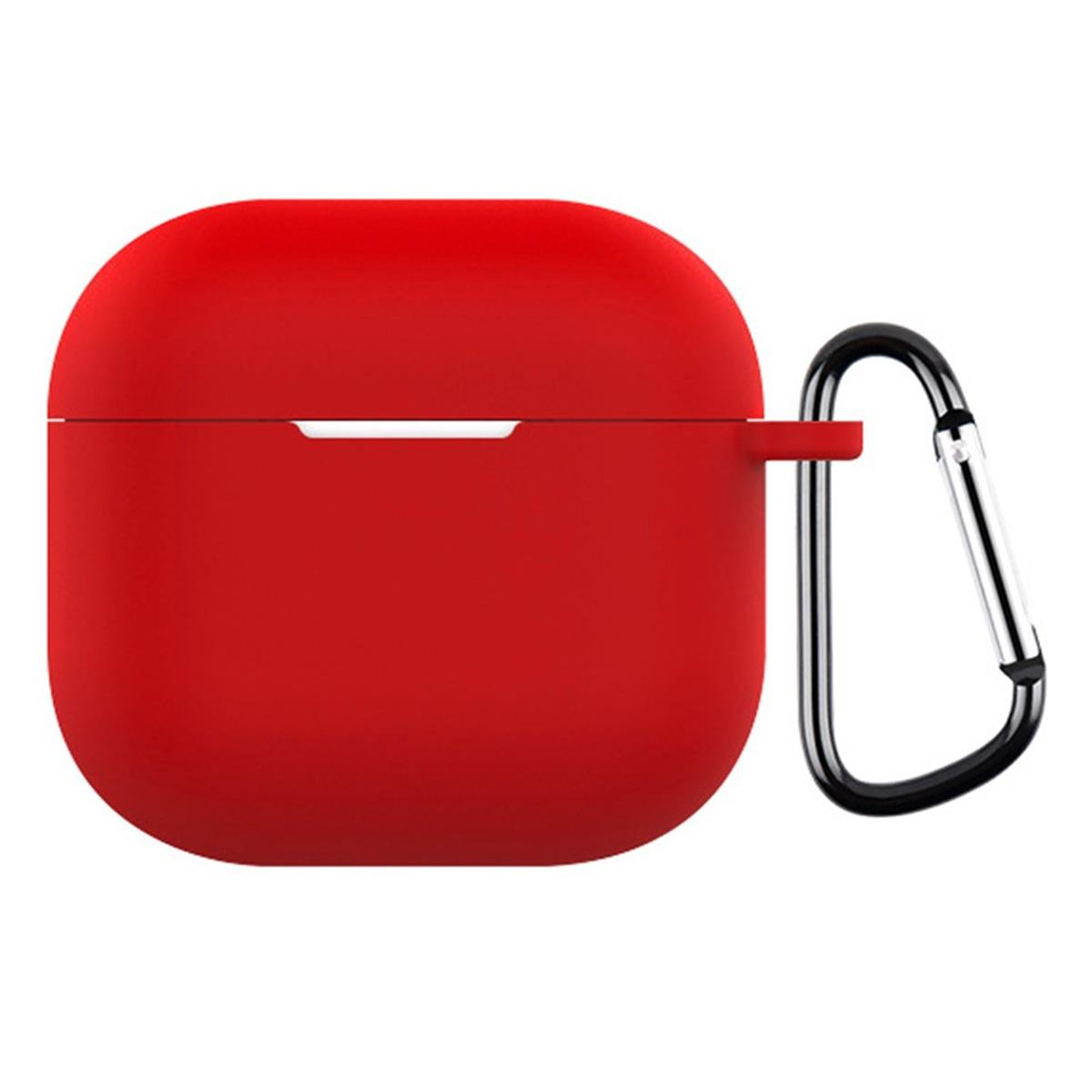 Rotes AirPods-Case mit schwarzem Karabiner. Weißer Hintergrund.