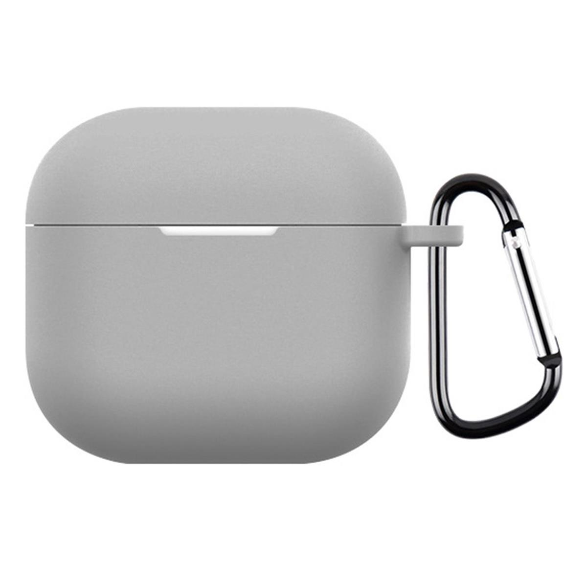 Graues AirPods-Etui mit angebrachtem schwarzem Karabiner. Das Etui ist geschlossen.