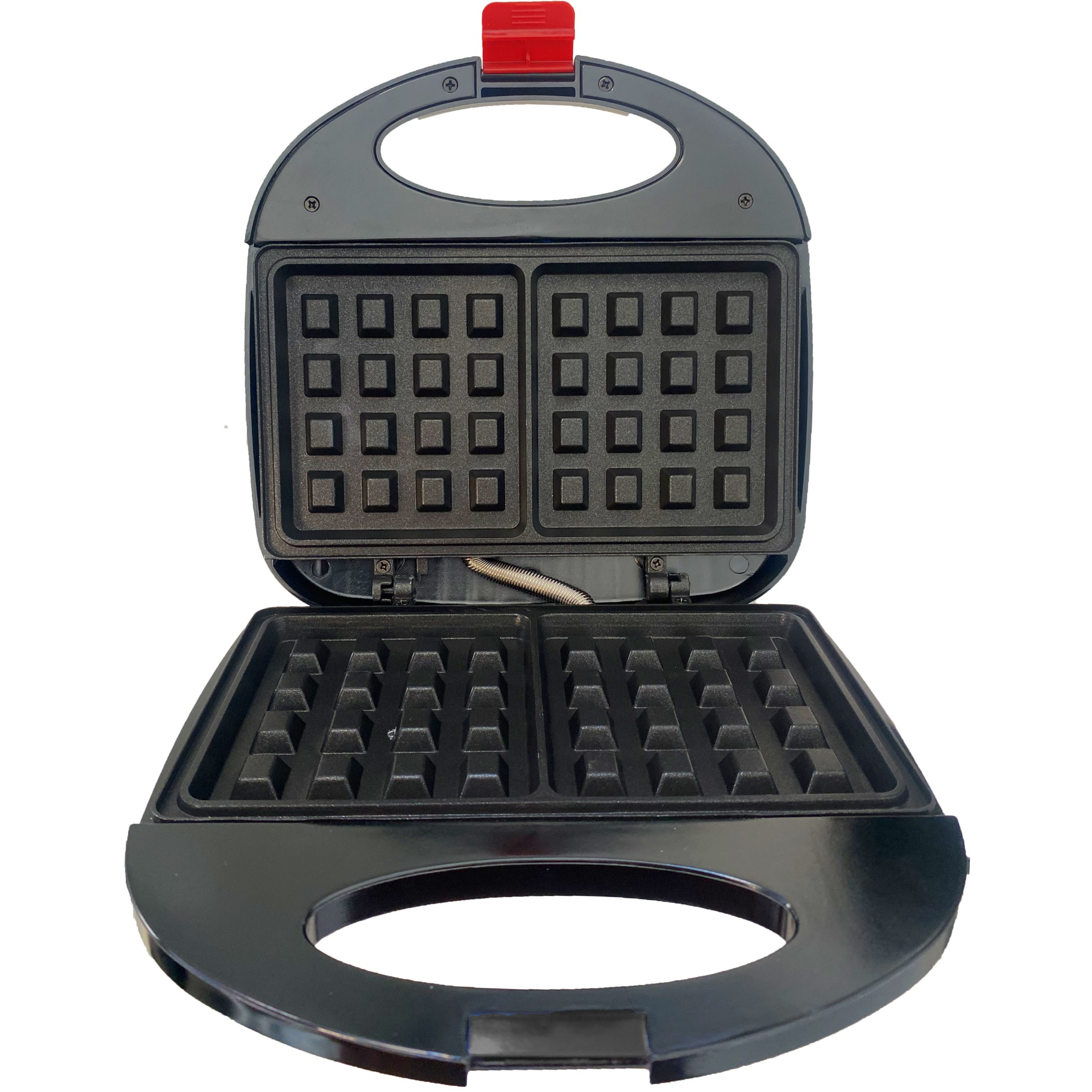 Waffle maker nero, aperto. Sono visibili due stampi per waffle.