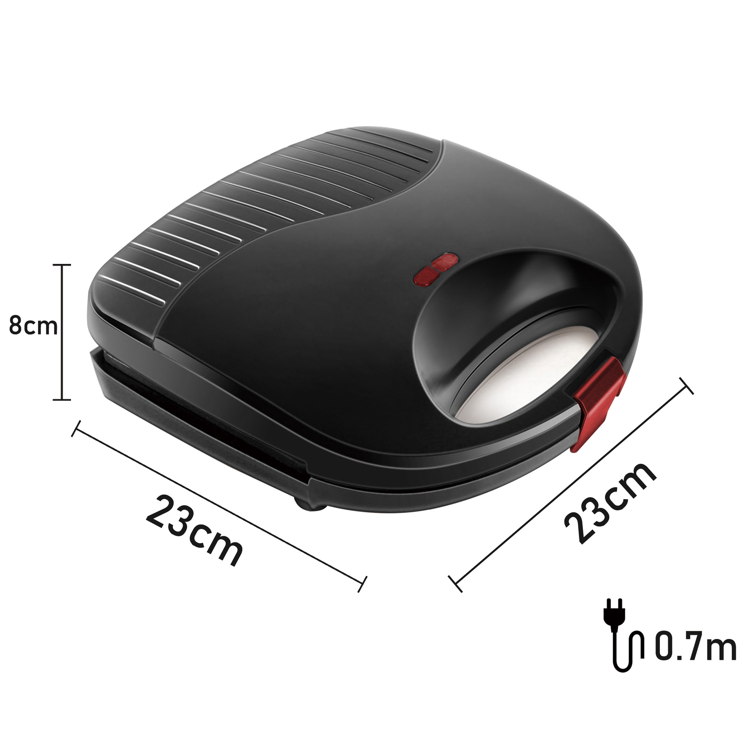 Macchina per sandwich nera. Ha un design a cerniera e le dimensioni sono fornite. La lunghezza del cavo è di 0,7 m.