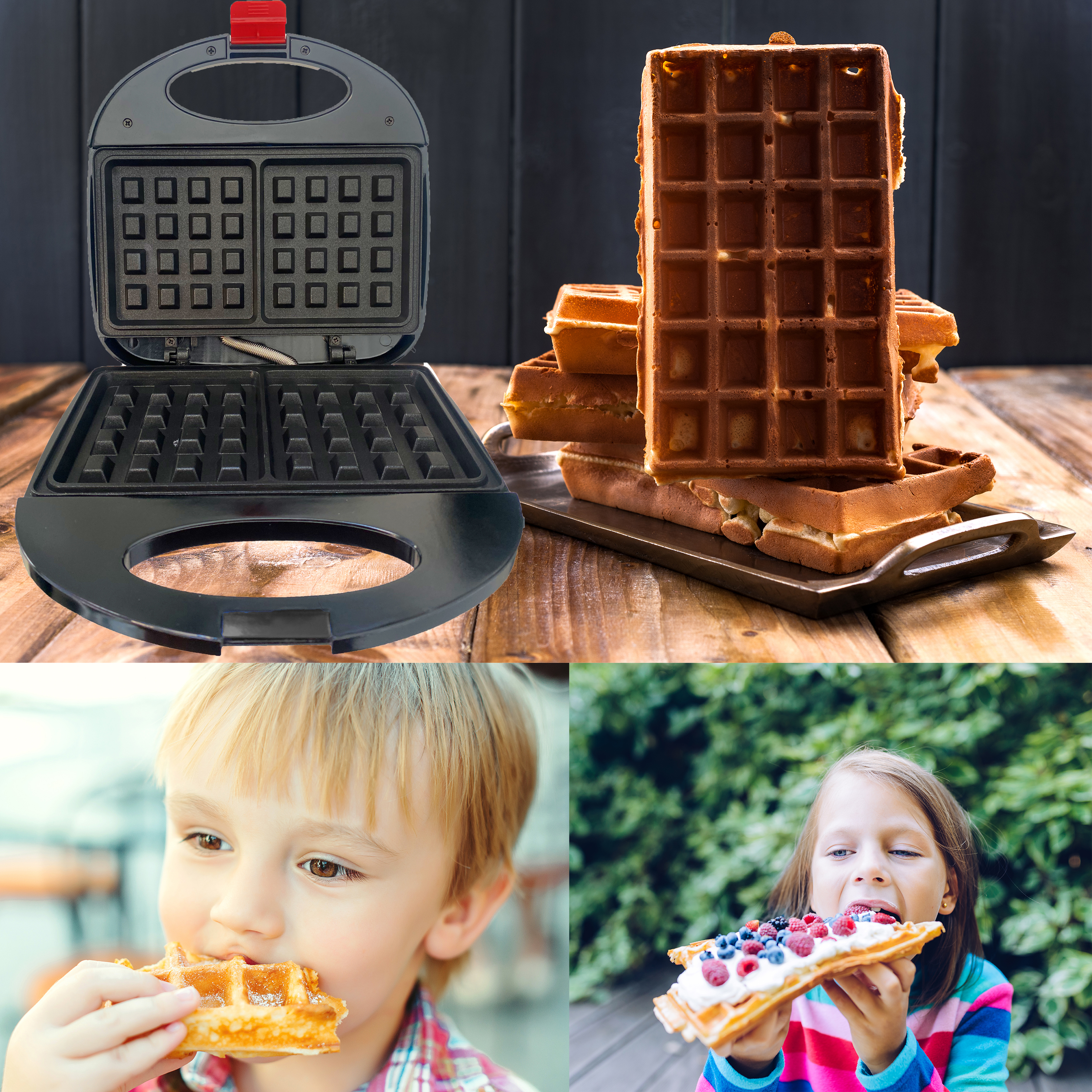 Macchina per waffle, waffle su vassoio e bambini che mangiano waffle.