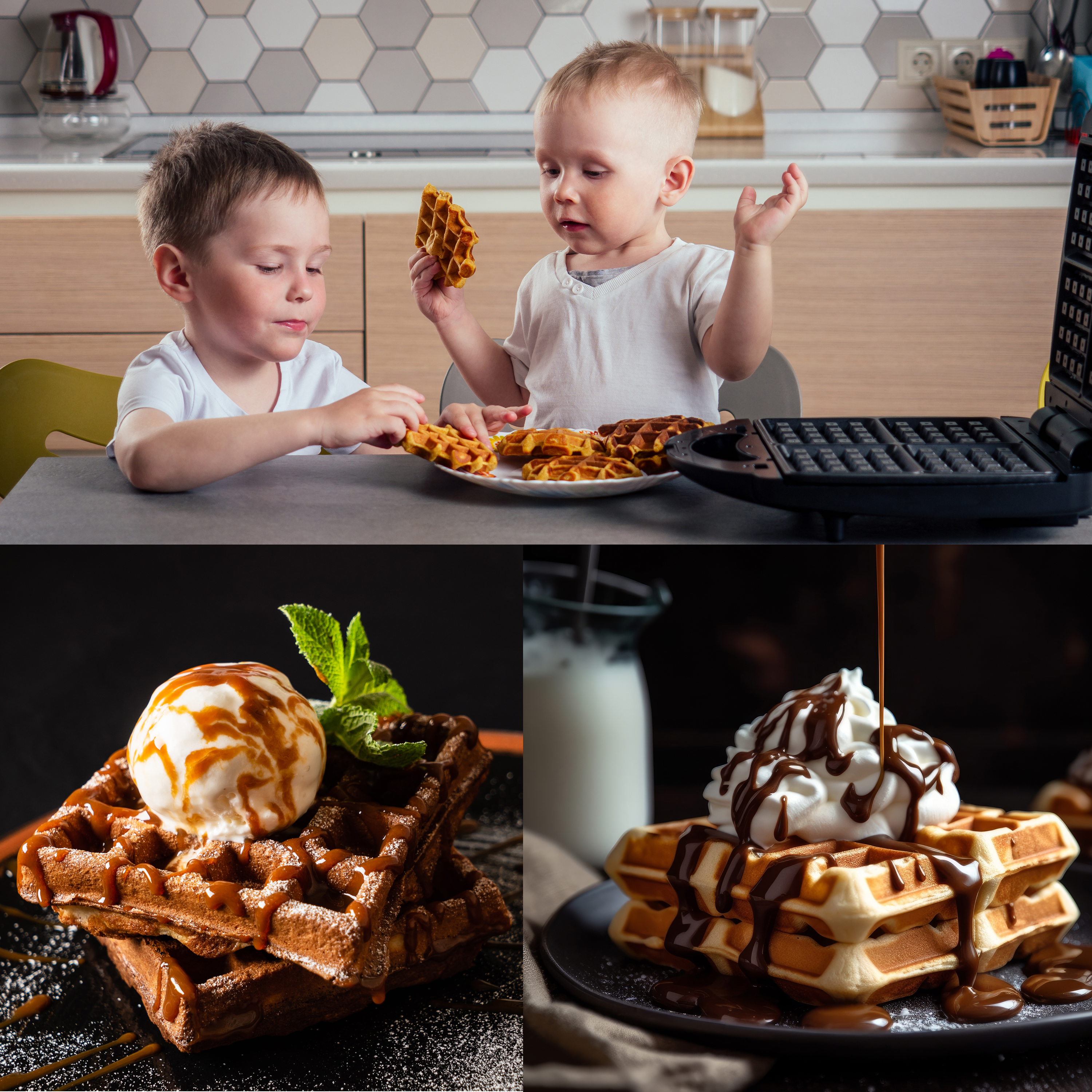 Due bambini mangiano waffle. Due immagini di waffle ricoperti di gelato e sciroppo di cioccolato.