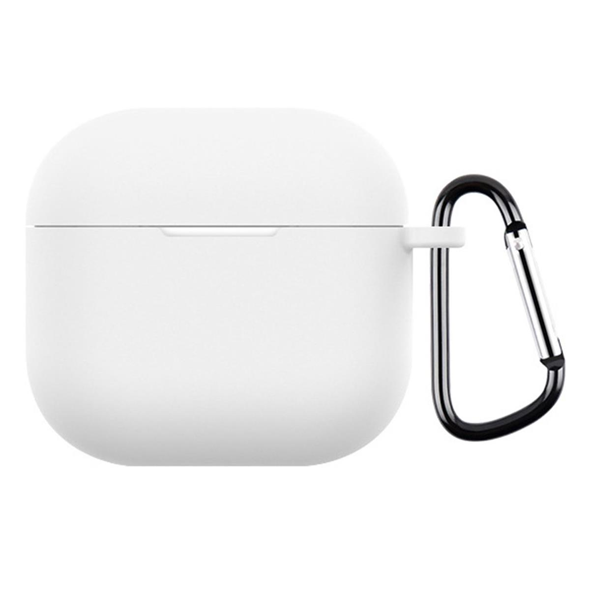 Weißes Etui für Airpods mit einem schwarzen Haken an der Seite.