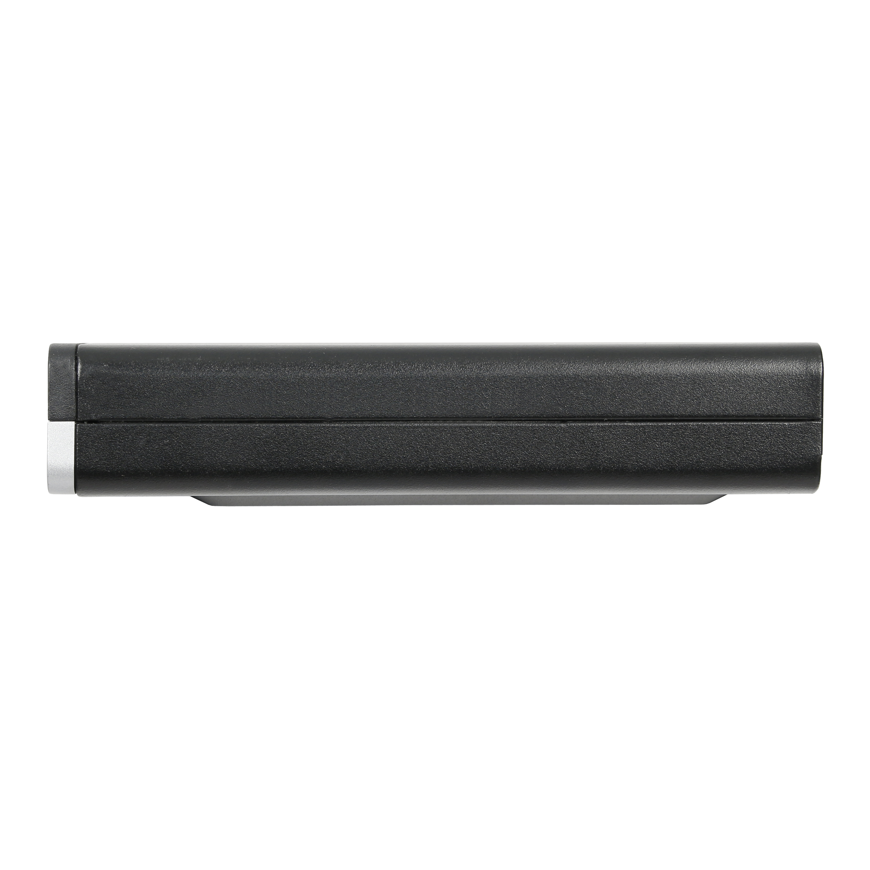 Un piccolo dispositivo rettangolare nero, forse un pacco batteria, visto contro un fondale bianco.