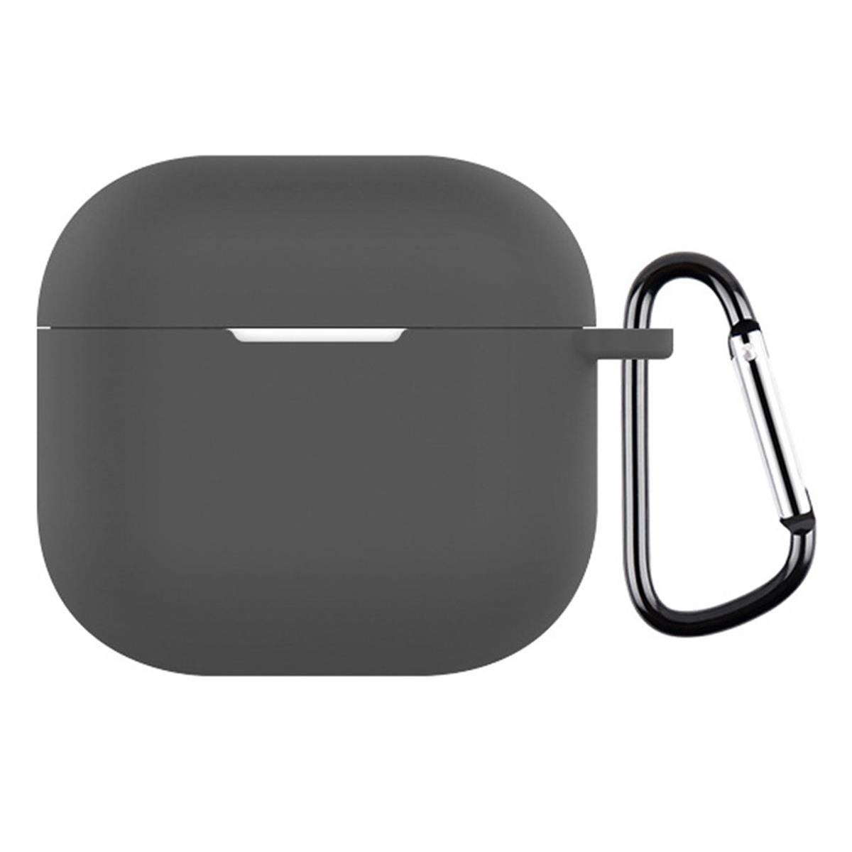 Ein dunkelgraues AirPods-Etui mit einem schwarzen Karabinerhaken.