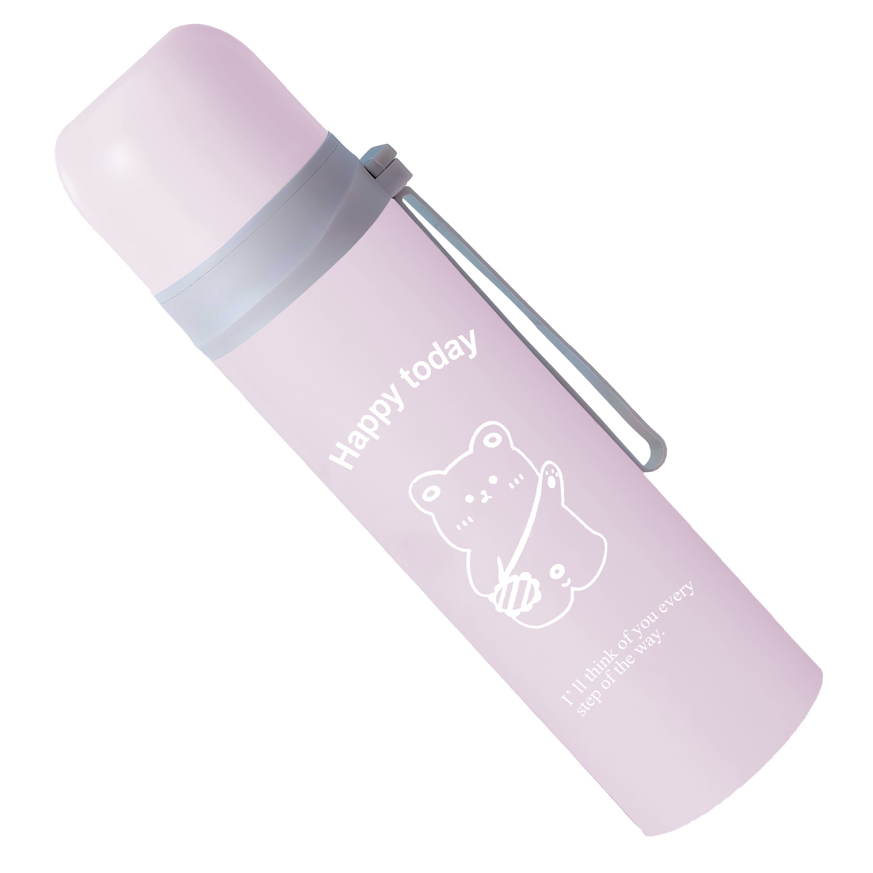Eine rosa Wasserflasche mit einer Bärenillustration und dem Text 'Happy today'. Sie hat einen silbernen Griff und Deckel.