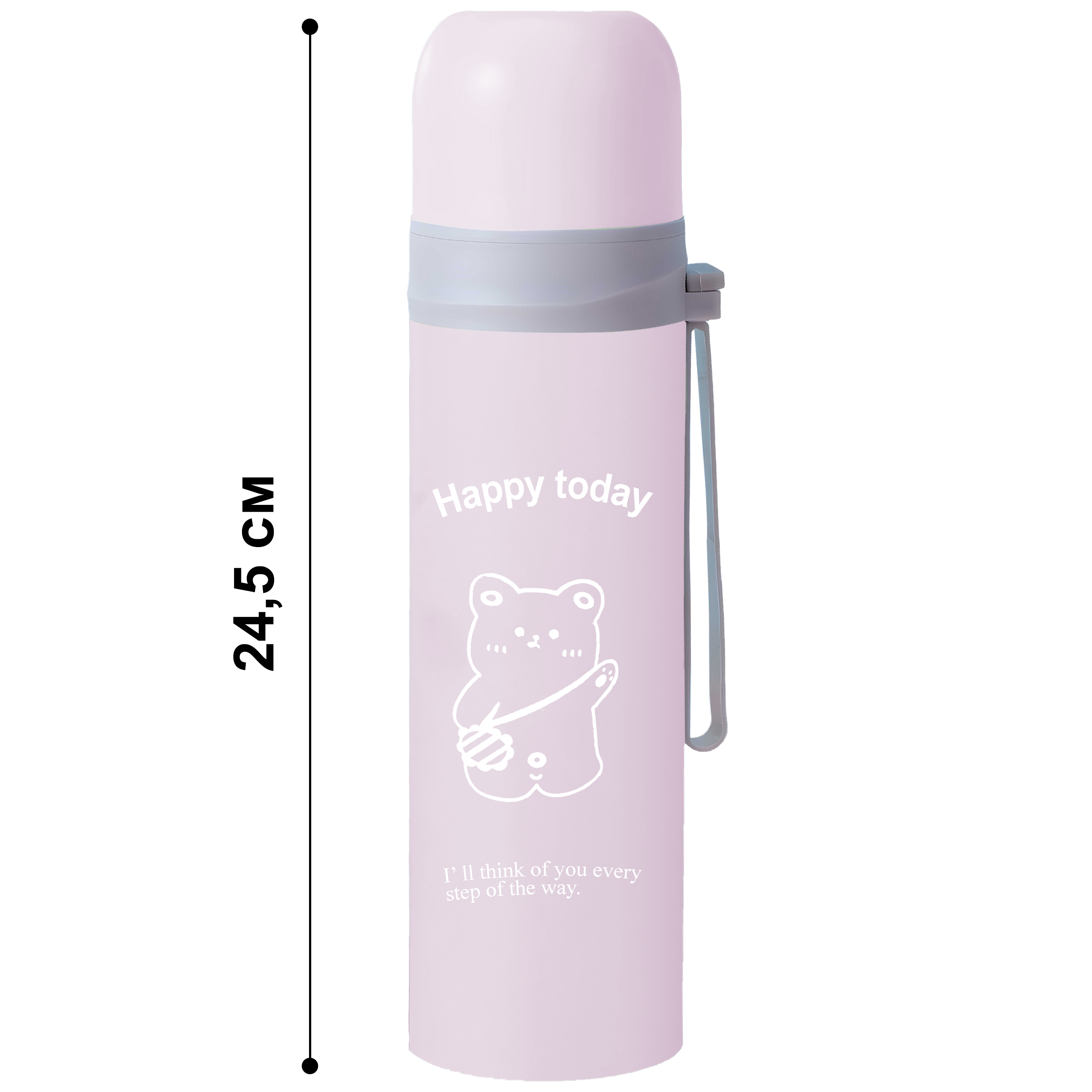 Eine rosa Wasserflasche mit einem Cartoon-Bären und Text. Sie hat einen grauen Deckel und Griff.