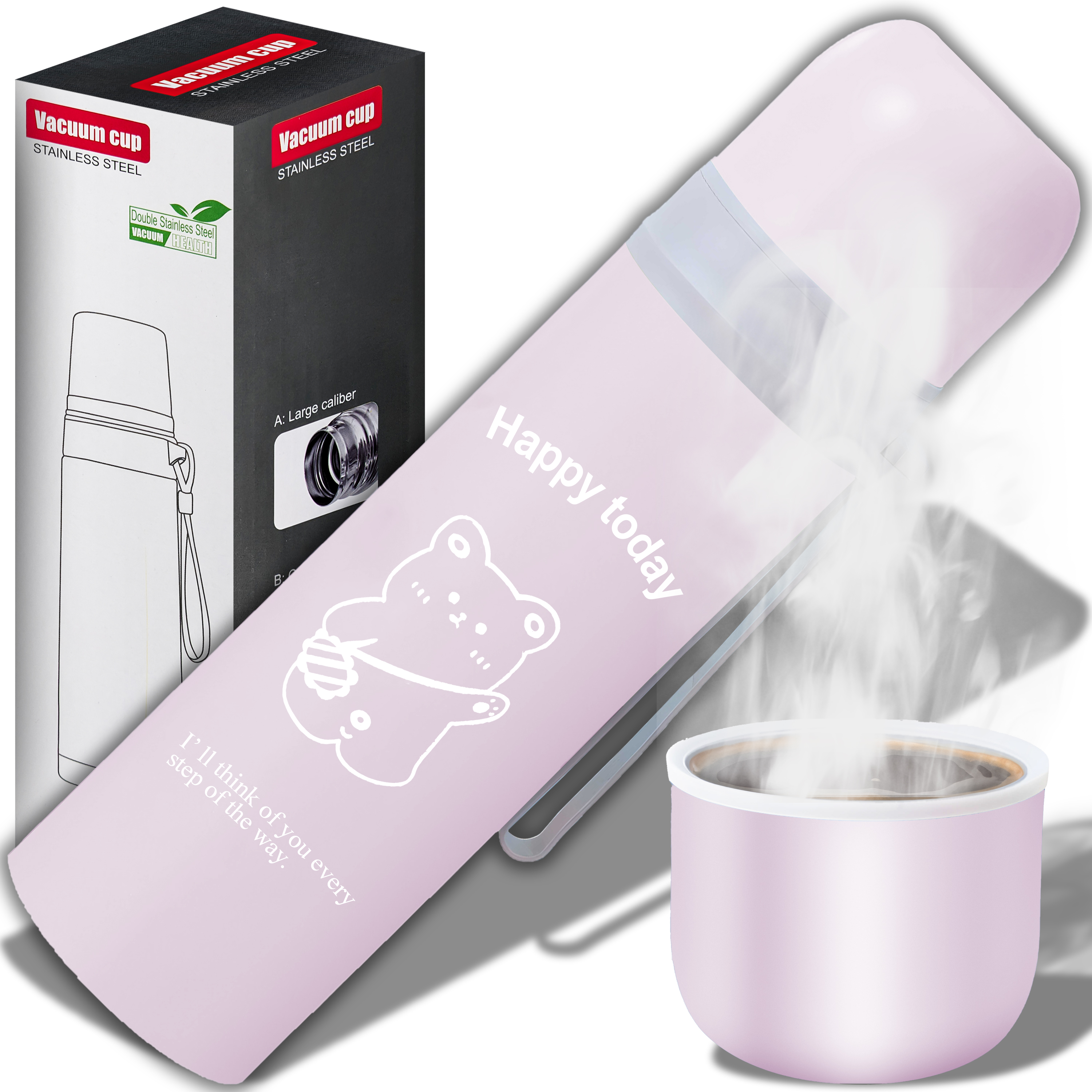 Rosa Thermoskanne mit Tasse. Auf der Flasche ist ein Bärenzeichnung und die Worte: Happy today.