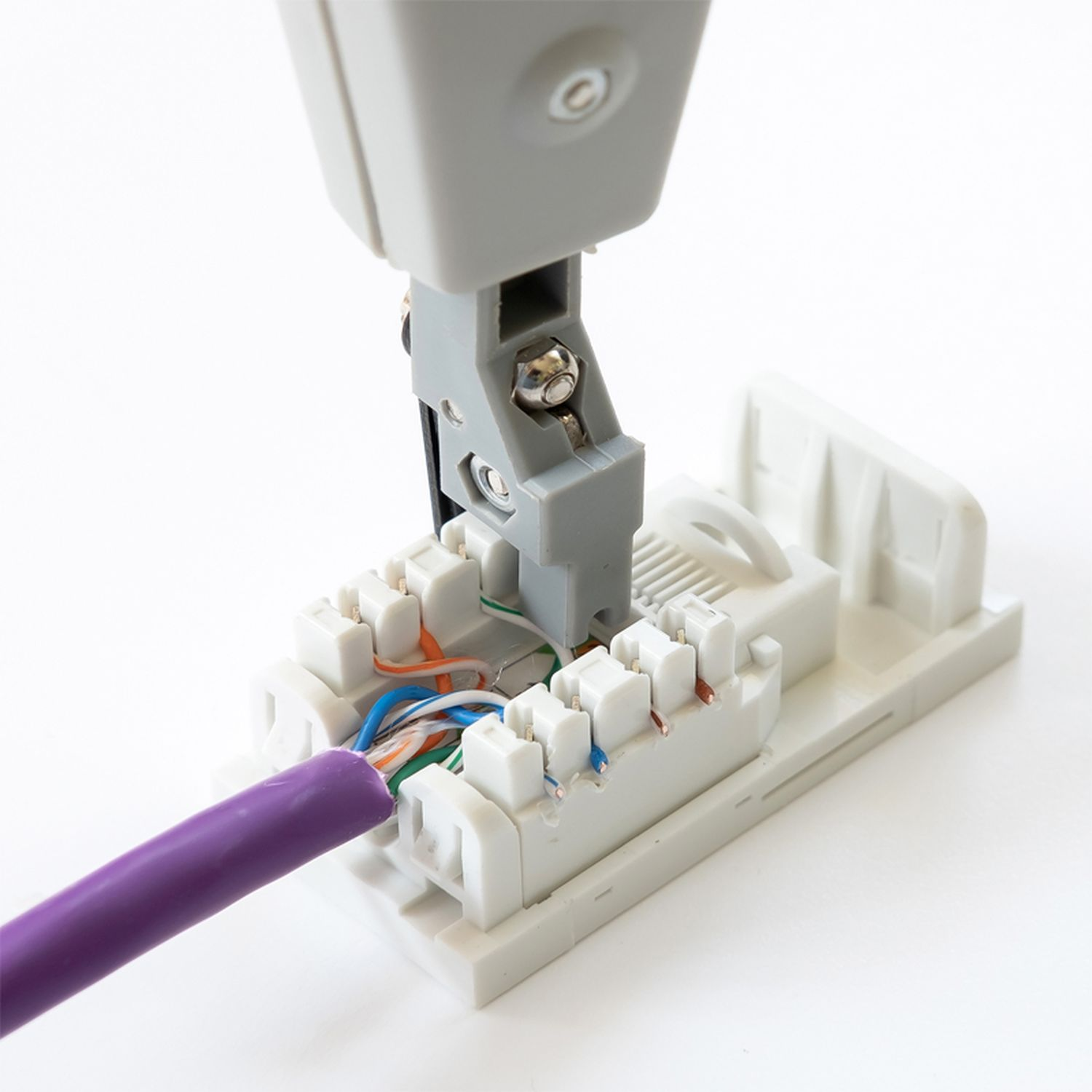 Ein Werkzeug verbindet Drähte mit einer weißen Steckdose. Ein lila Kabel wird eingesetzt. Graues Werkzeug wird benutzt.
