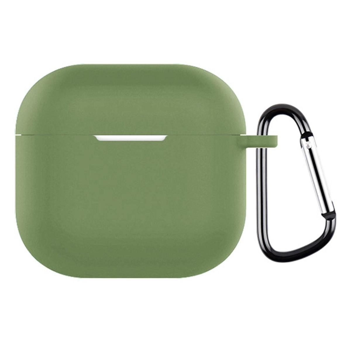 Grünes Airpods-Case mit einem schwarzen Karabinerhaken. Das Case hat eine einfarbige grüne Farbe.