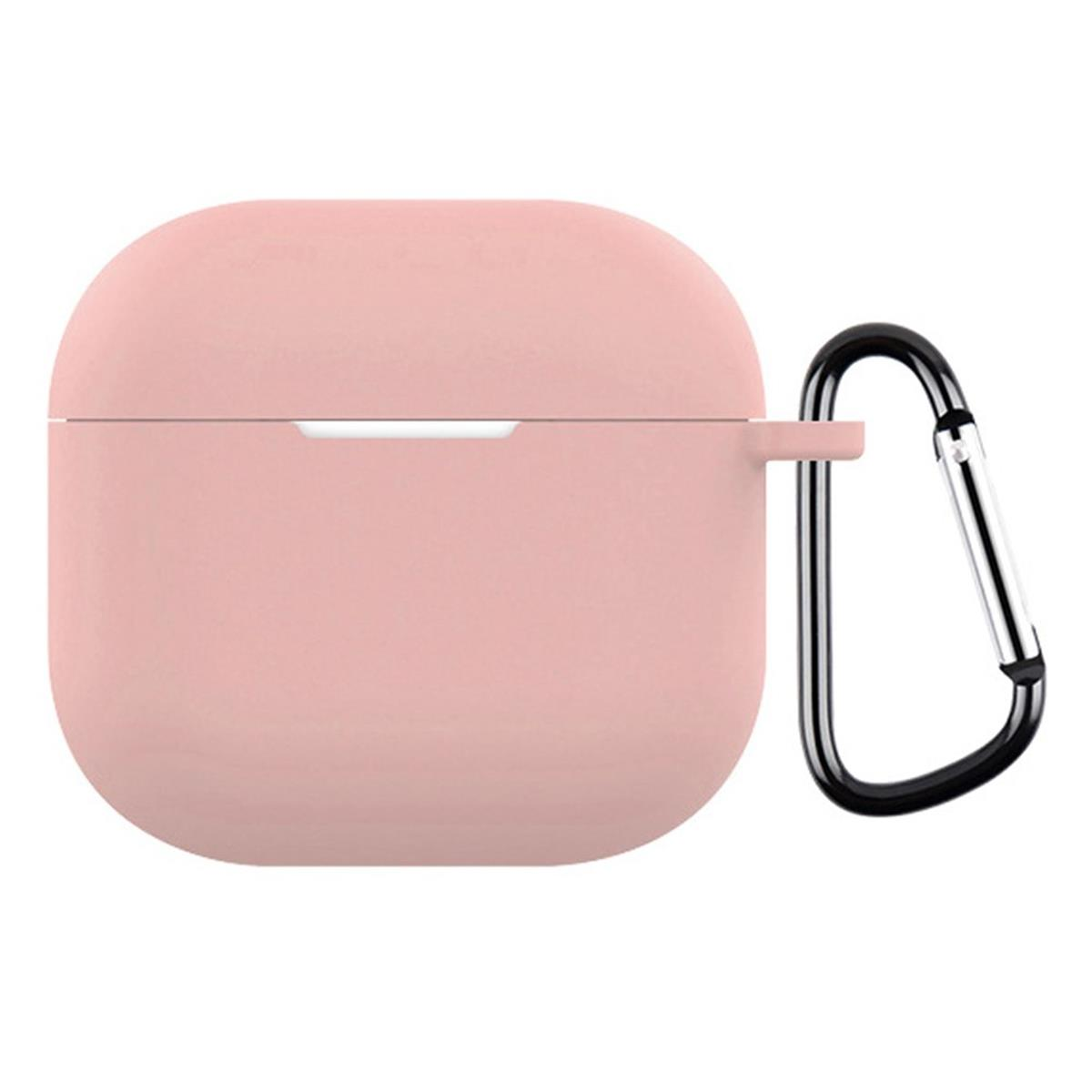Rosa AirPods-Hülle mit einem schwarzen Karabiner. Weißer Hintergrund.