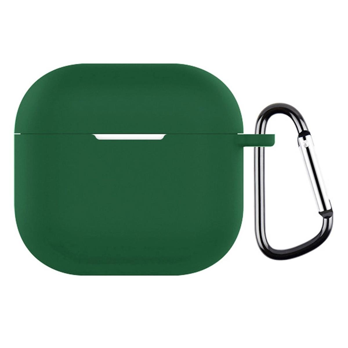 Grünes AirPods-Etui mit schwarzem Karabiner. Das Etui hat eine weiße Öffnung und eine glatte Oberfläche.