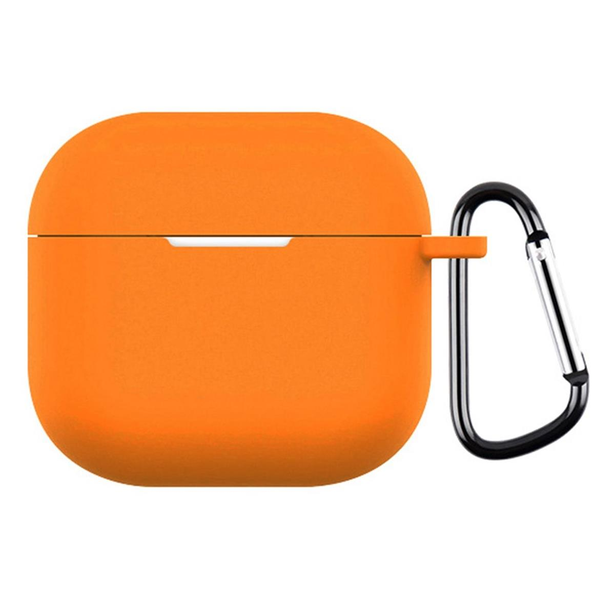 Oranges AirPods-Etui mit angebrachtem schwarzem Karabiner. Das Etui ist geschlossen.