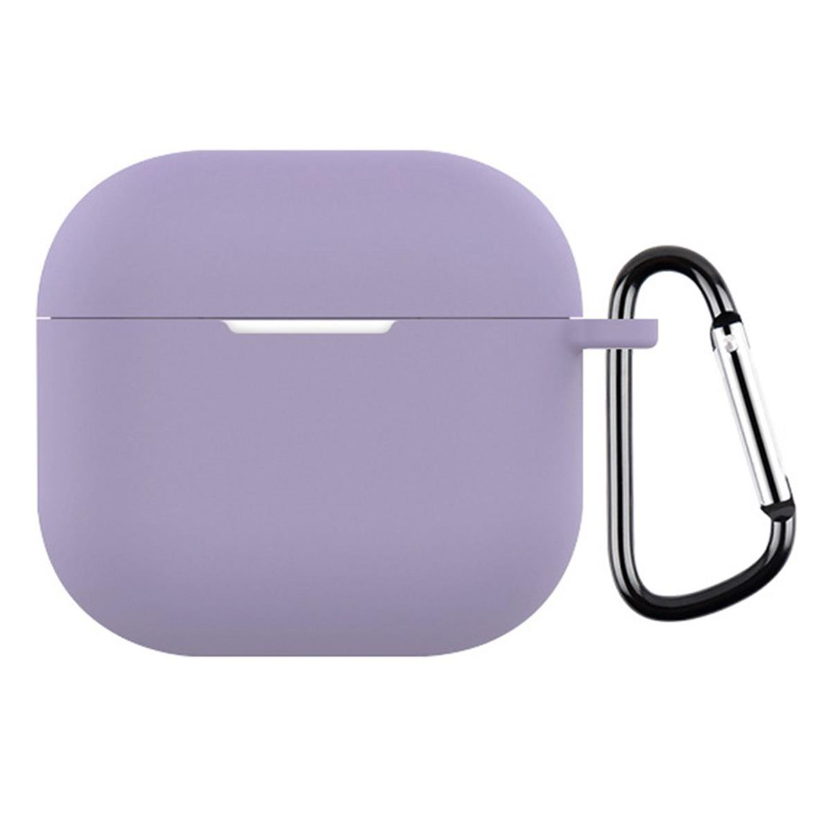 Lila AirPods-Hülle mit schwarzem Karabiner. Die Hülle ist glatt und abgerundet.