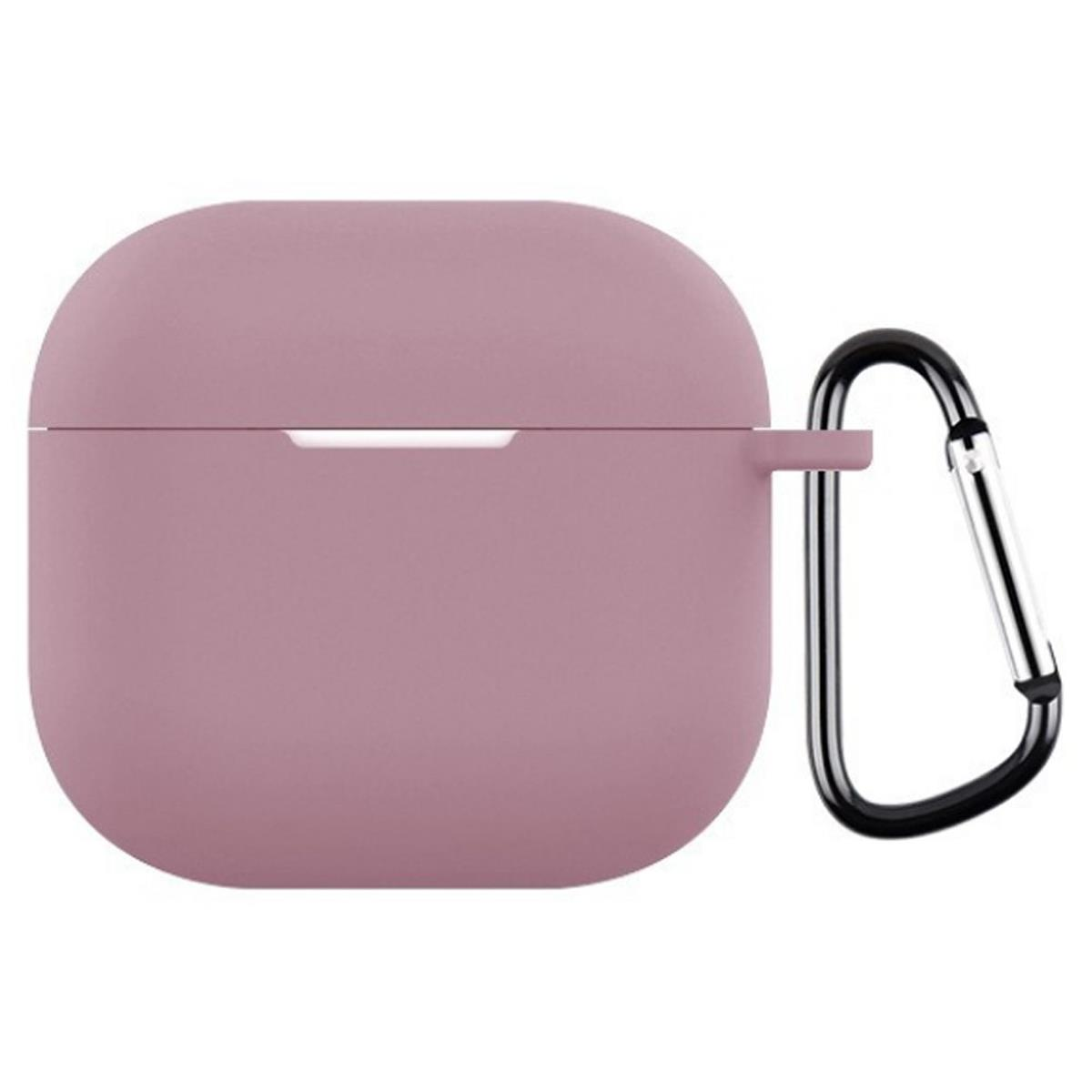 Eine lavendelfarbene Hülle für AirPods mit einem schwarzen Karabiner.