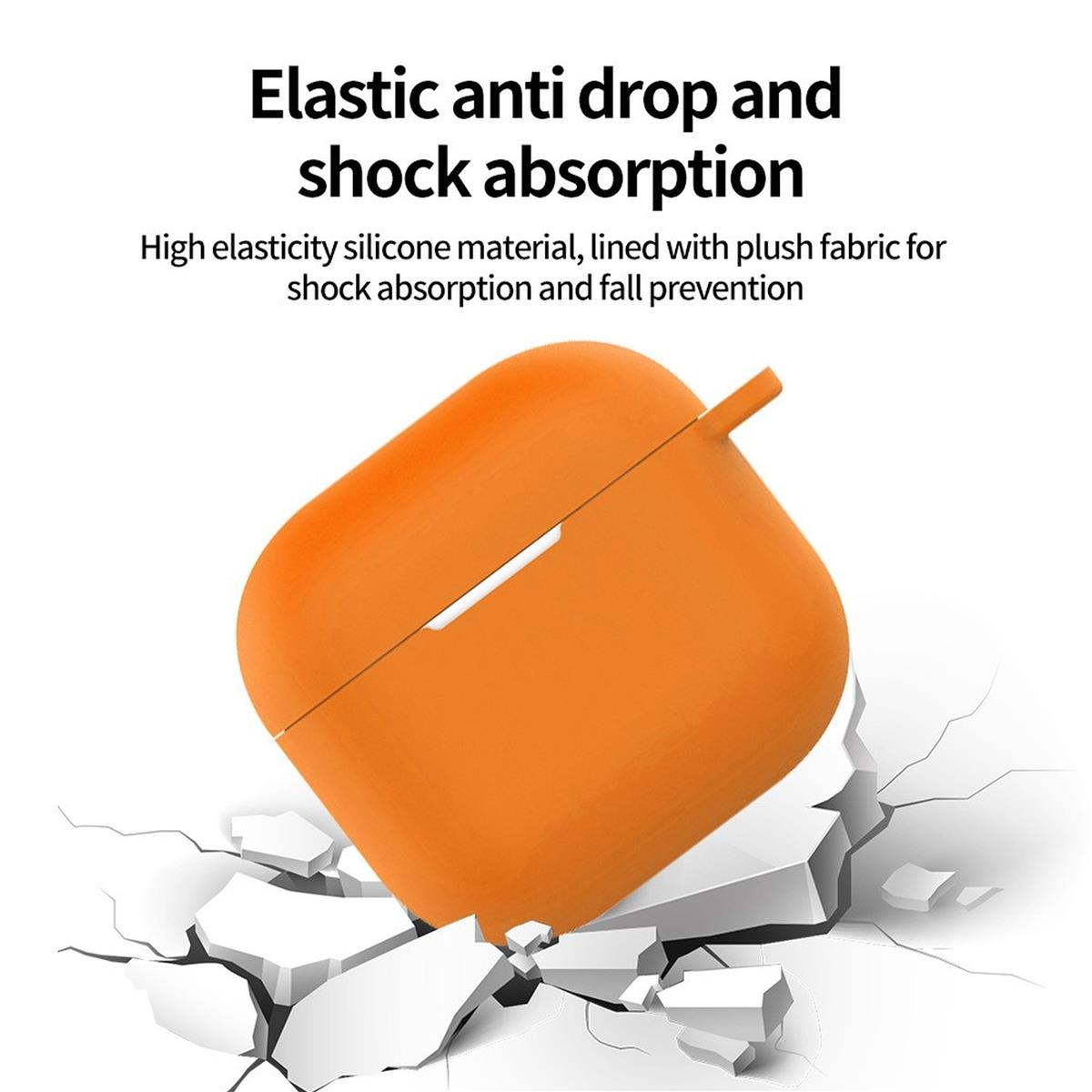 Orangefarbenes AirPods-Etui mit zerbrochenem Hintergrund.