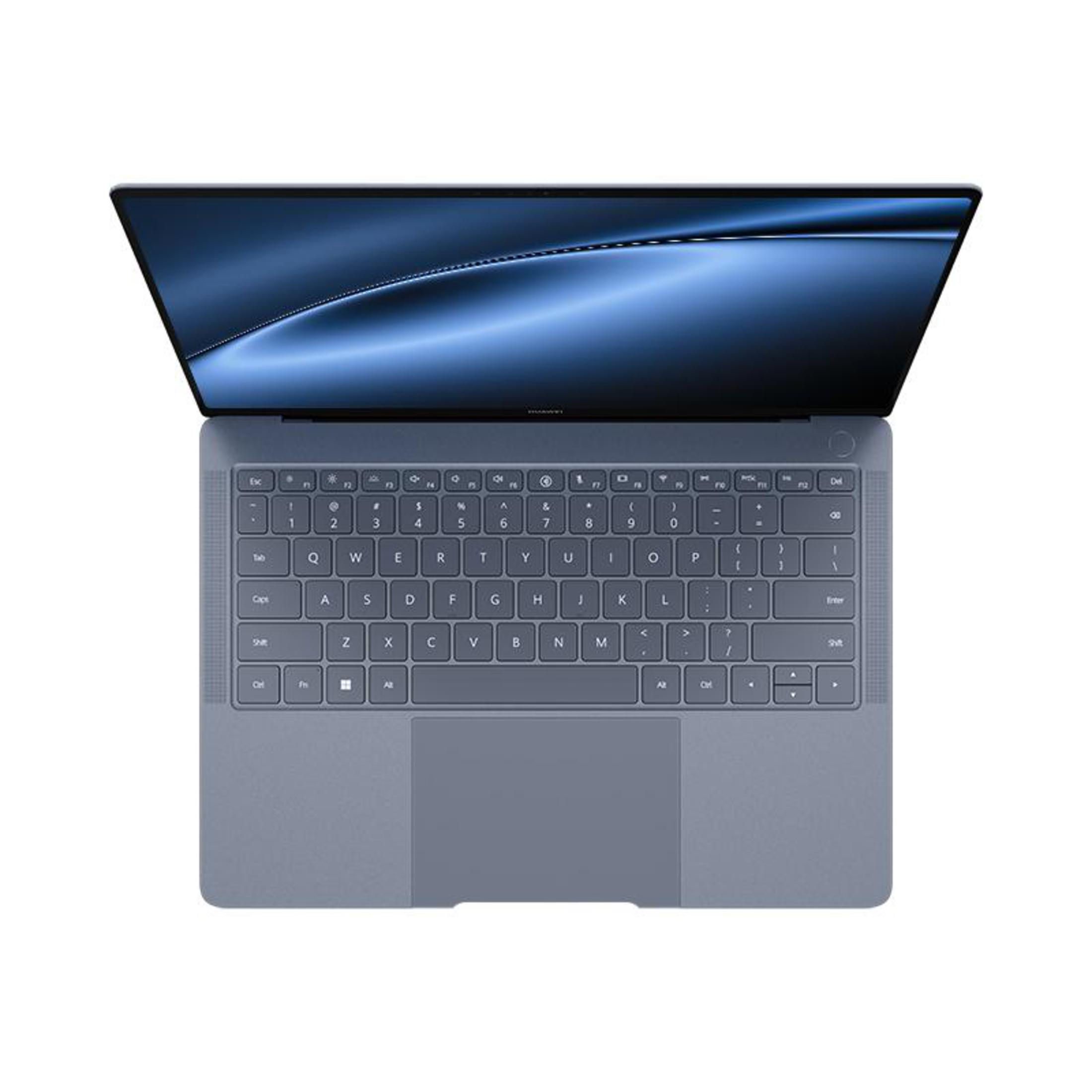 Laptop geöffnet, Tastatur und Bildschirm zeigend. Draufsicht.