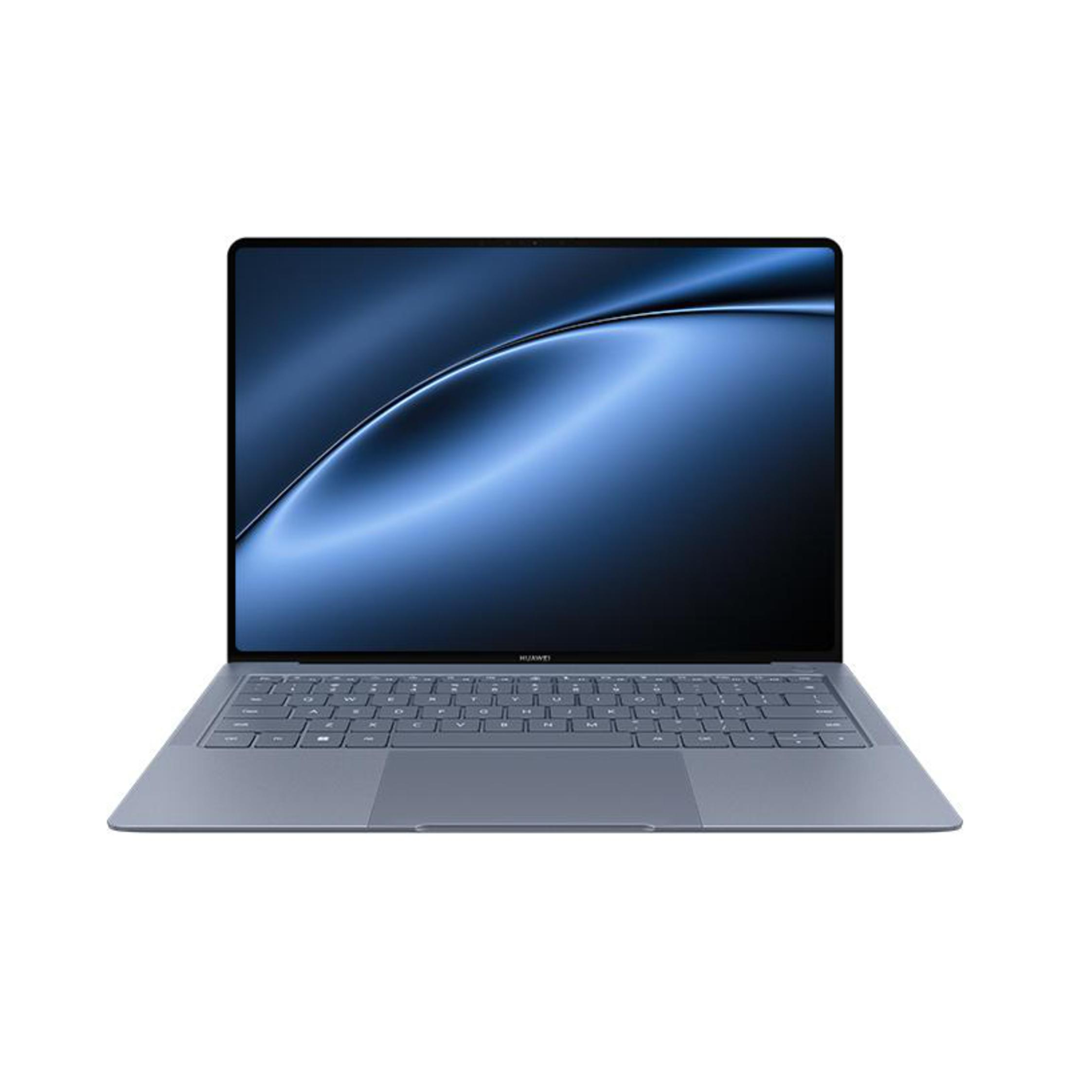 Blauer Laptop auf weißem Hintergrund. Der Bildschirm ist an und zeigt ein dunkelblaues Design.