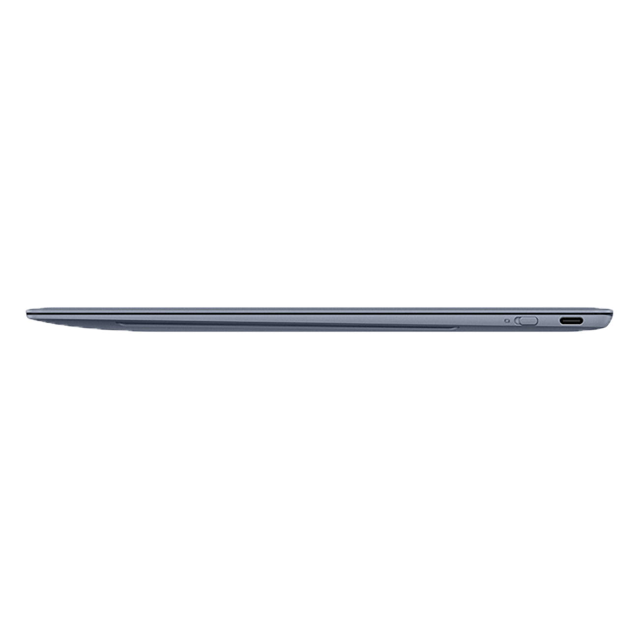Seitenansicht eines schlanken, dunkelblauen Laptops. Das Profil zeigt die Seitenanschlüsse und ein schlankes, minimalistisches Design.