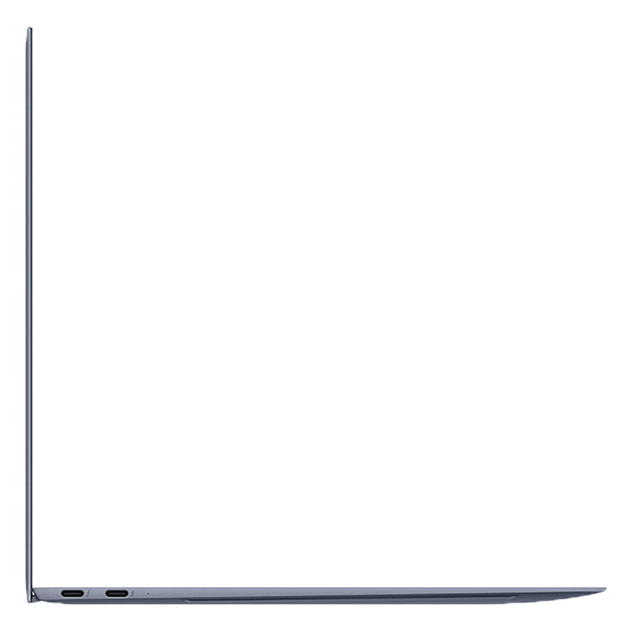 Seitenansicht eines blauen Laptops auf weißem Hintergrund. Der Bildschirm ist leer.